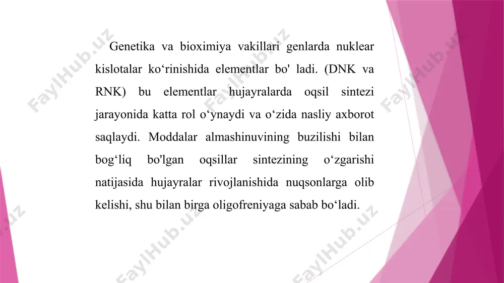 shinuvining buzilishi natijasida kelib chiqqan oligofreniya (galoktosemiya) teri va suyak kasalliklari bilan birga keladigan aqli zaiflik. 2-guruhga homilaga turli xil faktorlarning ta’siri natijasida kelib chiqqan oligofreniya. qizilcha, gripp, sifilis, toksoplazmos kabi turli xil infeksiyalar patogen faktor bo‘lishi mumkin. ona organizmidagi toksoplazmos va garmonlarning ta’siri, chaqaloqlarning gemolitik kasalliklari ham oligofreniyaga sabab bo’ladi. guruhga tug‘ruqning og‘ir kechishi va neyroinfeksiyalar (meningit, meningoensifalit) bolalik davrida bosh miya suyaqlarining jarohatlanishi natijasida kelib chiqqan oligofreniyani kiritganlar. keltirilgan tasniflar bu murakkab muammoni ishlab chiqishda boshlang‘ich bosqich hisoblanib, bu kelajakda yanada o’rganishga muhtoj. patogenetik omillarning orasida vaqt omili, ya’ni rivojlanib borayotgan miyaning jarohatlanishi buladigan ontogenezning davri katta ahamiyatga ega. bosh miyaning javob reaktsiyasi ko’pincha organizmning morfologik va funktsional rivojlanishi va etilishi darajasiga bog’liq va har ontogenetik davrga tegishlidir. aqliyy zaiflikning 75% ichki rivojlanish davrida miyaning jarohatlanishidan kelib chiqadi. talxamer va gotler barcha nuqsonli rivojlanishlarni quyidagicha bo’lishni taklif etgan. gametopatiya, ya’ni urug’lanishga qadar hujayralarning jinsiy jarohatlanishi bilan bog’liq nuqsonlar. …