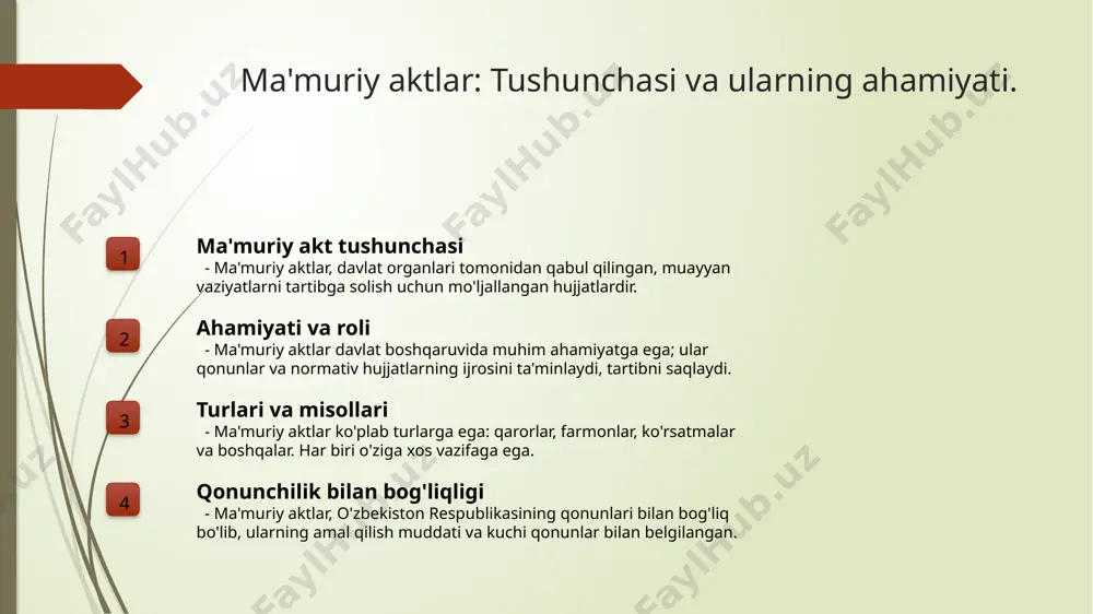 ordam beradi, shuningdek, fuqarolar va davlat o'rtasidagi munosabatlarni aniq belgilaydi. 04 innovatsiyalar va tendentsiyalar zamonaviy ma'muriy hujjatlar innovatsion yondashuvlarni o'z ichiga oladi, bu esa davlat boshqaruvidagi xizmatlarni sifatini oshirishga xizmat qiladi. xulosa ma'muriy aktlarning ahamiyati ma'muriy aktlar davlat boshqaruvida muhim rol o'ynaydi, chunki ular huquqiy asoslar va tartiblarni belgilaydi, fuqarolar hayotiga ta'sir qiladi. hujjatlarning turlari ma'muriy hujjatlar turli shakllarda bo'lib, har biri o'zining vazifalari va funksiyalariga ega. ular davlat boshqaruvida muhim ma'lumotlar va qarorlarni taqdim etadi. o'zbekistonda rivojlanish o'zbekistondagi ma'muriy huquq tizimi doimiy ravishda rivojlanmoqda. zamonaviy tendentsiyalar davlat boshqaruvi va huquqiy muhitga yangi yondashuvlarni kiritmoqda. e'tiboringiz uchun rahmat!