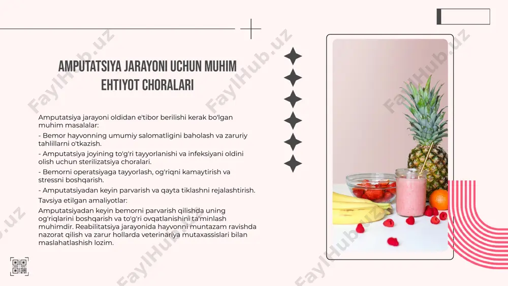 reabilitatsiyadan iborat. - amputatsiya jarayoni ehtiyot choralari va bemor parvarishi muhim ahamiyatga ega. - qoramollarda barmoq amputatsiyasi natijasida iqtisodiy va faoliyatga ta'sir ko'rsatadi. - tiklanish jarayonida psixologik yordam va fizioterapiya muhim rol o'ynaydi. yakuniy bayonot amputatsiya jarayonining muvaffaqiyati uchun oldindan rejalashtirish, ehtiyot choralarini ko'rish va bemor parvarishiga e'tibor berish zarur. bu omillar jarayonni muvaffaqiyatli amalga oshirishda hal qiluvchi ahamiyatga ega. q&a image1.png image2.png image3.png image5.png image6.png image7.png image8.png image4.png image11.jpg image10.png