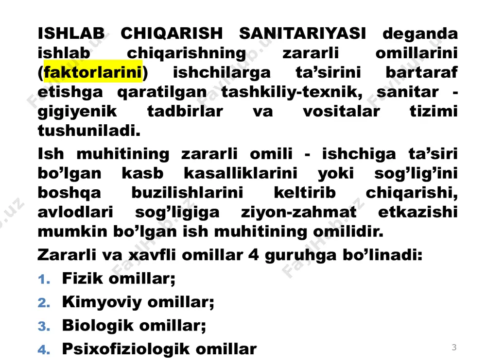 иқлим кўрсаткичлари ҳаво босими 7 8 sanoat korxonalarining ishlab chiqarish zonalari havo muhitining ob-havo sharoitini havoning quyidagi ko‘rsatkichlari belgilaydi: 1. havoning harorati, °c bilan o’lchanadi. 2. havoning nisbiy namligi, % bilan aniqlanadi. 3. havo bosimi, p mm sim.ust. yoki pa bilan o’lchanadi. 4. ish joylaridagi havo harakati, m/s bilan o’lchanadi. bulardan tashqari, ob-havo sharoitiga ta’sir qiluvchi ishlab chiqarish omillari ham mavjud, bular har xil mashina-mexanizmlar va ishlov berilayotgan materiallar yuzalaridan tarqaladigan issiqlik nurlari ham havo haroratini oshirishga olib keladi. bu omillar ta’siridan hosil bo‘ladigan ishlab chiqarish zonasidagi havo muhitini sanoat mikroiqlimi deb yuritiladi. organizmning tashqi muhitga issiqlik chiqarishi uch yo'l bilan o'tishi mumkin: l.odam tanasining umumiy yuzasida infraqizil nurlanish orqali (radiatsiya orqali havo almashinuvi). 2.tanani o'rab turgan havo muhitini isitish (konveksiya). 3.terining terlab, bug'lanishi va nafas olish yo'llari orqali suyuqliklarning bug'lanishi natijasida. normal sharoitda, kuchsiz havo harakati bo'lgan holatda harakatsiz odam organizmi radiatsiya yo'li bilan organizm ishlab chiqarayotgan issiqlikning 45%, …