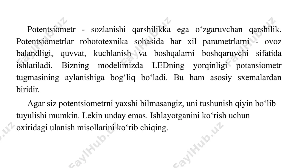 va ledni yoqib yubormaslik uchun potentsiometrni 220 om qarshilik bilan ketma -ket ulaymiz. ulanish sxemasi rasmda ko‘rsatilgan. arduino tugmachasi led bilan shunday sxemasi shunday ko‘rinishga ega bo‘ladi: mustaqil ishlash uchun topshiriqlar: 1. ma’ruza nazariy materialini o‘rganish. 2. bundan tashqari ishlatilgan internet -resurslarni o‘rganing. 3. arduino zanjirlariga potansiyometrni o‘zingiz ulang. 4. arduino ideda mustaqil ravishda bu ish uchun dastur yozish. havolalar 1. https://zen.yandex.ru/media/asutpp.ru/chto-takoe-potenciometr-i-kak-ego-ispolzovat-na-praktike-v-shemah-5d53f0c3e3062c00ae587dbe 2. https://wiki.iarduino.ru/page/potenciometr/ 3. https://alexgyver.ru/lessons/analog-pins/ 4. https://www.youtube.com/watch?v=fmiwh1l1i7w 5. https://arduino-kit.ru/blogs/blog/project_03 6. http://edurobots.ru/2014/04/arduino-potenciometr/ thank you that you took the time to watch image1.png image2.jpeg image3.jpeg image4.png image5.png image6.jpeg image7.png image8.jpeg image9.jpeg image10.jpeg image11.jpeg image12.png image13.jpeg image14.png image15.png /docprops/thumbnail.jpeg