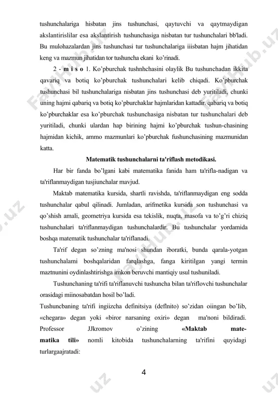 eometriya kursida esa tekislik, nuqta, masofa va to’g’ri chiziq tushunchalari ta'riflanmaydigan tushunchalardir. bu tushunchalar yordamida boshqa matematik tushunchalar ta'riflanadi. ta'rif degan so’zning ma'nosi shundan iboratki, bunda qarala-yotgan tushunchalami boshqalaridan farqlashga, fanga kiritilgan yangi termin maztnunini oydinlashtirishga imkon beruvchi mantiqiy usul tushuniladi. tushunchaning ta'rifi ta'riflanuvchi tushuncha bilan ta'riflovchi tushunchalar orasidagi miinosabatdan hosil bo’ladi. tushuncbaning ta'rifi ingiizcha definitsiya (deflnito) so’zidan oiingan bo’iib, «chegara» degan yoki «biror narsaning oxiri» degan ma'noni bildiradi. professor jjkromov o’zining «maktab mate- matika tili» nomli kitobida tushunchalarning ta'rifini quyidagi turlargaajratadi: 1) real ta'rif. bunda qaralayotgan tushunchaning shu gruppadagi tushunchalardan farqi ko’rsatib beriladi. buhda ta'rif-lovchi va ta'riflanuvchi tushunchalar hajmlarining teng bo’lishi muhim rol o’ynaydi. masalan: «aylana deb tekislikning biror nuqtasidan masofasi berilgan tnasofadan katta bo’lmagan masofada yotuvchi nuqtalar to’plamiga aytiladi». bu yerda ta'riflanuvchi tushun-cha aylana tushunchasidir, ta'riflovchi tushunchalar esa tekislik, nuqta, masofa tushunchalaridir. 2) klassifikatsion ta'rif. bunda ta'riflanayotgan tushuncha- ning jins tushunchasi va uning tur jihatidan farqi ko’rsatilgan bo’ladi. …