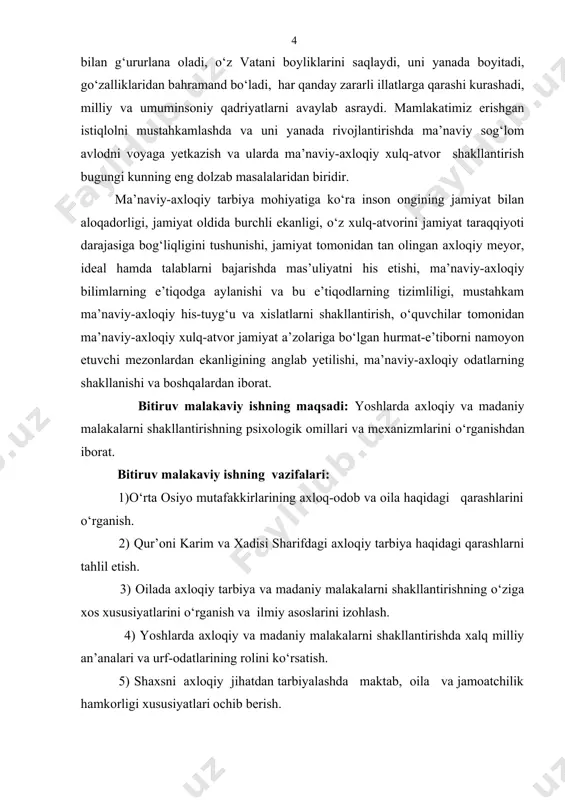 onsepsiyalar, psixolog olimlar va mutafakkir ajdodlarimizning axloq-odob, ma’naviy-axloqiy tarbiya muammosiga oid ta’limotlarining mohiyati va boshqalar. bitiruv malakaviy ishning nazariy ahamiyati: psixologiya, yosh psixologiyasi, pedagogika fanlarini ma’naviy-axloqiy tarbiya masalalari bо‘yicha yangi bilim, ma’lumotlar, mexanizm va qonuniyatlar bilan boyitadi. bitiruv malakaviy ishning amaliy ahamiyati: 1) axloq-odob, ma’naviy-axloqiy tarbiya masalalari bо‘yicha nazariy va amaliy ma’lumotlarini umumlashtirish, ixcham shaklga keltirish imkoniyati paydo bо‘ladi. 2) yoshlarda axloqiy va madaniy malakalarni shakllantirish masalalari bо‘yicha kо‘rsatmalar, tavsiyalar ishlab chiqishda qо‘l keladi. 3) mazkur mavzu bо‘yicha uslubiy qо‘llanmalar, ma’ruza matnlari va ilmiy maqolalar tayyorlashda foydalanish mumkin. bitiruv malakaviy ishning tarkibiy tuzilishi va hajmi: kirish, 2 bob, 5 ta paragraf, xulosa va foydalanilgan adabiyotlar rо‘yxatidan iborat. u jami 62 sahifani tashkil etadi. i- bob: ilmiy adabiyotlarda axloq-odob va axloqiy tarbiya muammolarining о‘rganilishi 1.1.о‘rta osiyo mutafakkirlarining axloq-odob va oila haqidagi qarashlari jahon fani va madaniyatiga g‘oyat ulkan hissalar qо‘shgan о‘rta osiyolik donishmandlar о‘zlarining keng qamrovli fikrlari bilan insonni qanday qilib …