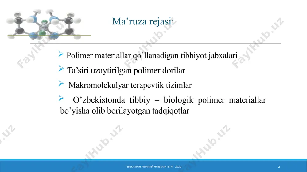 a”siri ўзбекиsтон миллий универsитети, 2023 poliмеrlar organizmda fraksiyalarga bo’linadi мм yuqori bolgan fraksiyalar organizmda to’planadi mm kichik bo’lgan fraksiyalar dori ta’sirini uzaytirmaydi farmasevtika uchun molekular massaviy taxsimlanishi tor bo’lgan polimerlar qo’llash maqsadga muvofiqdir polimerlar tuzilishini farmakologik xossalariga ta’siri ba’zan polimer shaklidagi dorilarni faolligi yuqoriroq bo’lishi mumkin suvda eruvchanligi ortishi xisobiga polielektrolitlarda zariadni ta’siri kuchli bundan foydalanish dori moddalarni ma’lum bir to’qimalarda ajralib chiqishi uchunв istiqbolda -saratonga qarshi samarali dori vosita yaratish poliкаtion va poliаnionlar xujayralar bilan xar xil ta’sirlashadi ўзбекиsтон миллий универsитети, 2020 14 polylactic acid (pla), polyglycolic acid (pga), polycaprolactone (pcl) polimerlar tuzilishini organizmda parchalanishi ўзбекиsтон миллий универsитети, 2020 15 polimerlar tuzilishini organizmda parchalanishi ўзбекиsтон миллий универsитети, 2020 16 peptid bog’li polimerlar dekstranni 3-хlor-2-окsipropil efiri va tubazid barqaror c=n bog’ faollik kuzatilmadi azometin bog’ bo’lganda faollik mavjud bakterisid xossali polimerlar makromolekular terapevtik tizimlar ўзбекиsтон миллий универsитети, 2020 19 nazorat savollari qanday polimer materiallar qo’llanadigan tibbiyot jabxalarini bilasiz? ta’siri uzaytirilgan …
