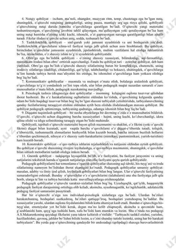 olim olga matveeva ushbu jihatlarni psixologik texnologiya bilan kuchaytirib modifikatsiyalaydi va o’qituvchining kasbiy faoliyatida muhim ahamiyat kasb etishini ta’kidlab, quyidagi qobiliyatlarni ko’rsatib o’tadi: 1. muloqot qilish (kommunikativ) qobiliyati. o’qituvchi o’quvchilar bilan dars va darsdan tashqari jarayonlarda, sinfda ijobiy ruhiy iqlim yarata oladi. 1. voqealarni oldindan ko’ra olish qobiliyati: ushbu qobiliyat turi har bir o’qituvchining sergakligida, o’quvchilarning ruhiyatini, ichki dunyosini ko’ra olishida namoyon bo’ladi. shunda o’qituvchi kim nimaga qodir ekanligini oldindan bashorat qila oladi. 1. eshitish va his qilish qobiliyati. bunday qobiliyatga ega bo’lgan insonlar musiqani sevishadi, ohangni yaxshi his qilishadi, deklamatsiya asosida proza va poeziyani yaxshi o’qishadi, eshitgan narsasini xotirada saqlaydi, ayniqsa, she’r va qo’shiqlarni sevib tinglaydi. 1. kinestetik (teri-muskul) qobiliyat. o’qituvchining o’z hatti harakatlarini muvofiqlashtirish qobiliyati, harakat ohangini his qilgan holda yo’naltiradi, vaqtni harakat sur’ati bilan his qiladi, o’zi uchun maishiy qulayliklarni yarata oladi, hayot marhamatlaridan rohatlanishni biladi. 1. mantiqiy qobiliyat. falsafiy mulohazalar yuritishni, raqamlarni, matematikani, murakkab masalalarni hal …