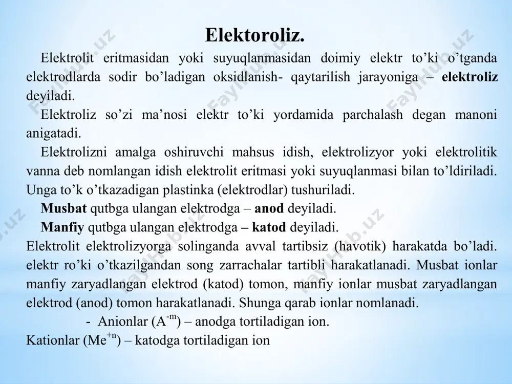 tmalarning elektrolizi murakkab jarayon. bunga sabab suv malekulasining ishtirok etishi hamda elektrod materialiga, ionlar tabiatiga, elektroliz sharoitiga (temperaturaga, eritma konsentratsiyasi, ph – muhitga, to’k kuchi) ga bog’liq bo’ladi. bular orasida anod materialining qanday materialdan tayyorlanganiga bog’liq bo’ladi. ajralib chiqadigan moddalrni aniqlashda quyidagi qoidalarga amal qilinadi. katoddagi jarayonlar /metallning kuchlanishlar qatoriga bog’liq. - birinchi navbatda kuchlanishlar qatoridagi h2 dan o’ngda joylahsgan kam aktiv metallar kationlari qatnashadi. 0 meneme n   - o’rtacha aktivlikdagi metallarning kationlari, kuchlanishlar qatorida al va h 2 oralig’ida turadiganlar suv malek ulasi bilan birgalikda qaytariladilar va katodda bir vaqtning o’zida ham metall ham vodorod chiqadi. 1. 0 meneme n   2.   ohheoh 222 22 - aktiv metallarning kationlari li dan al gacha (al ham kiradi) suvli eritmalarining elektrolizida metall kationlari qaytarilmay uning o’rniga h 2 o malekulalari qaytariladi.   ohheoh 222 22 - kislotalarning eritmalari elektrolizida katodda h+ ionlari qaytariladi. 0 2 …