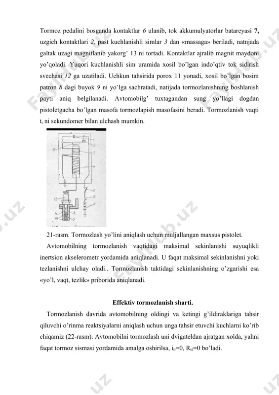 chi rφ ga tenglashguncha davom etadi, yahni x≤ rφ (45) o’rinma reaktsiyaning asosiy qiymati tormozlovchi kuch rt dan iboratligi va rt>>‘f, rt>>‘ja bo’lganligi uchun ( ) tengsizlikni quyidagicha yozish mumkin: rt≤ rφ (46) bu (46) tengsizlik avtomobilning effektiv tormozlanish shartidir. agar rt rφ bo’lsa, g’ildiraklar blokirovka qilingan va faqat sirpanib harakat qiladi, avtomobilning harakati noturgun bo’ladi. avtomobilning tormozlanish sistemasi xosil qilgan tormozlovchi kuch, shina va yo’l o’rtasidagi tishlashish kuchidan ancha katta bo’lganligi sababli intensiv tormozlash vaqtida avtomobilg’ g’ildiragi blokirovkalanadi va aylanmasdan yo’lda sirpanadi. gildnraklar blokirovkalanganida tormoz barabani va kolodkasi jipslashib bir butundek harakat qiladi va avtomobilning kinetik energiyasinn yengish uchun sarflanayotgan tormozlanish energiyasi shinaning yo’lga ishqalanishiga sarflanadi. natijada shina temperaturasi kutarilib tishlashish koeffitsnentinipg qiymati kamayadi. shuning uchun ham g’ildirak blokirovka chegarasida tormozlansa, tez tuxtaydi, yahni effektiv tormozlanadi. g’ildirakning shataksirayotganini tekshirish ancha qiyin, shu sababli xisoblash formulasida g’ildirak va yo’l o’rtasidagi tishlashishdan tula foydalaniladi, φ koeffntsientini esa o’zgarmas deb olinadi. tormozlovchi …