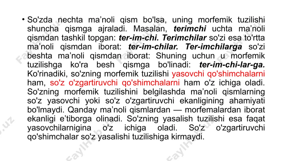 o‘z yasоvchi qo‘shimchа bo‘lmаgаn so‘z tub so‘z dеyilаdi. маsаlаn, pахtаning, pахtаdаn, dаrахt, dаrахtlаr, shаhаr, shаhаrlаr, shаhаrning kabi. таrkibidа so‘z yasоvchi qo‘shimchа qаtnаshgаn so‘zlаr yasаmа so‘z dеyilаdi. маsаlаn, pахtаzоr, оlmаzоr, do‘stlik, ishlа, оqlа, kursdоsh, chirоyli, bilimli kabi. 2. ikki va undan ortiq o'zaklardan tashkil topgan so'zlar qo‘shma so'zlar sanaladi. masalan, shirinzabon, muzqaymoq, ishlab chiqarish, kungaboqar kabi. qo'shma so'zlar tilning tarixiy taraqqiyoti davomida aslida ikki va undan ortiq so'zlarning birikuvidan tashkil topgan, lekin hozirgi o'zbek tili nuqtayi nazardan bu birikuv o'z kuchini yo'qotib bir so'zga aylanib qolgan bo'ladi. shuning uchun qo'shma so'z tarkibida alohida so'z bo'lib ko'ringan qismlar (kunga-boqar, beshik-tervatar, nomoz-shom-gul) hozirgi o'zbek tilida so'zlik xususiyatini yo'qotgan, bir so'z tarkibidagi ma’noli qism (morfema)lar sanaladi. qo'shma so'zlar bitta so'z bo'lganidan, ularning qismlari orasiga boshqa ma’noli qismni kiritib bo'lmaydi. masalan, kungaboqar so'zining kunga qismidagi -ga ni boshqa kelishiklar bilan almashtirib bo'lmaydi. shuningdek, bu qism egalik, ko'plik shakllarini ham olmaydi. ana shu xususiyati bilan so'z …