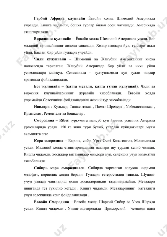 ласи крижовниксимонлар , туркуми – crosselaria узбекистонда крижовникнинг европадан келтирилган айрим навлари устирилмокда. меваси майда, оч сарик, пушти, бинафша рангда ва корамтир булади. меваси истеьмол килинади, мураббо ва вино тайёрланади. навлари- хаутон, пурмон, кора негус, смена ва бошкалар.с витамини ва бошка моддаларга бой. бир тупидан уртача 4-6 кг, гектаридан 80 ц-гача хосил олинади. резавор мева экинлари селекциясининг асосий йуналишлари ва хусусиятлари. кулубнай селекцияси учун ёввойи формаларидан дастлабки материал сифатида фойдаланиш мумкин. саноат негизида етиштириш учун бог кулубнайидан фойдаланиш максадга мувофик. селекциясида бог кулубнайи навларини чатиштириш ва тур ичидаги погонали чатиштиришлар асосий усул булиб хисобланади.узок формалар чатиштирилганда эса географик, ва систематик белгилар буйича ота – она жуфтлари танланади.физикавий ва химиявий мутагенлардан фойдаланилади. клон танлашлар кулланилади. келажак селекциясида интродукция, хужайра, тукима ва органларини сунъий озука мухитида устиришнинг келажаги порлок хисобланади. дурагай усимликларининг меваси юпка кесиб олинади, ва когозда куритилади (соя жойда). об - хаво шароитида караб кузда ва бахорда экиш мумкин. биринчи …