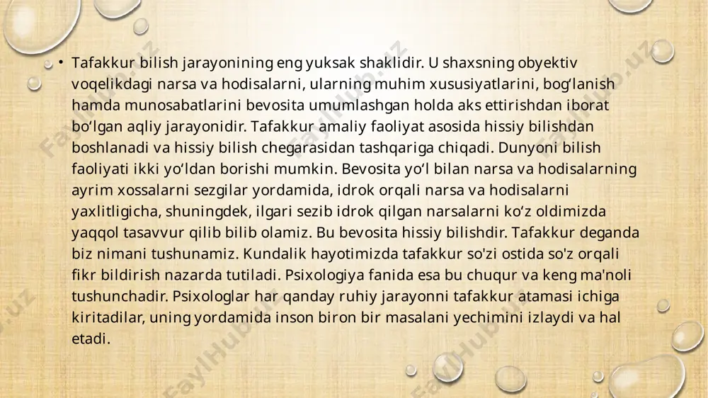 ib olishga, tushunib olishga to‘g‘ri kelinganida odam o‘z fikrini ishlatadi. mana shundan ijodiy tafakkur va tushunish deb ataladigan tafakkur kelib chiqadi. tafakkurning faolligi qay turda bo‘lishiga qarab, u ixtiyoriy va ixtiyorsiz tafakkurga bo‘linadi, tafakkurning umumiylashganlik darajasiga qarab, u aniq va abstrakt tafakkurga, yo‘nalishiga qarab, u nazariy va amaliy tafakkurga bo‘linadi tafakkurning qaysi bir turi yaxshiroq? keling bolaga shunday masala bersak: "qiz bolada uch dona konfet bor edi, ona unga yana ikkita donani beradi. qizaloqning endi nechta konfeti bor?" katta guruh bolasi ushbu misolni murakkab bo'lmagan fikr yuritish orqali yechishga harakat qiladi: "uchga ikkini qo'shsa besh bo'ladi". matematikani bilmagan bolakay esa ushbu masalani o'zga usul bilan hal qiladi. u o'sha uch dona konfetni avval tasavvur etadi (uchtasi qizaloqniki va onasi bergan ikkita qolganini), tasavvur etgan holda, ularni rasmda ko'rgani kabi sanab chiqadi. javob bir xil besh bo'ladi, lekin bolakay uning yechimini qanday topganligini ayta olmaydi. boladan qanday bilding degan savolga, u …
