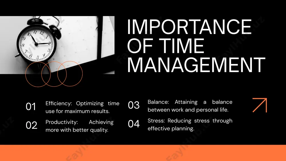 reas for improvement modify your time management plans and techniques based on the evaluation. adjust plans explore new techniques and continuously improve your time management skills. keep learning conclusion effective time management is crucial for boosting productivity and achieving a balance between work and personal life. by identifying priorities, planning effectively, and managing distractions, you can reach your goals more efficiently. call to action apply techniques: implement the discussed techniques. set priorities: identify and focus on your main priorities. evaluate regularly: review and adjust your time management practices periodically. image1.png image2.png image3.svg image4.png image5.png image6.svg image7.png image8.png image9.svg image10.png image11.svg image12.png image13.svg image14.png image15.png image16.png /docprops/thumbnail.jpeg