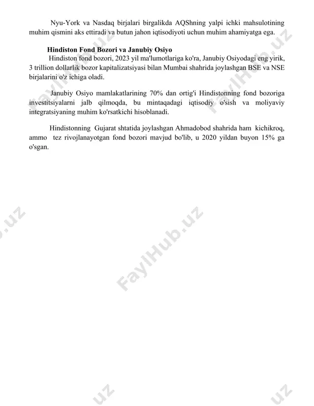 an ortig'i hindistonning fond bozoriga investitsiyalarni jalb qilmoqda, bu mintaqadagi iqtisodiy o'sish va moliyaviy integratsiyaning muhim ko'rsatkichi hisoblanadi. hindistonning gujarat shtatida joylashgan ahmadobod shahrida ham kichikroq, ammo tez rivojlanayotgan fond bozori mavjud bo'lib, u 2020 yildan buyon 15% ga o'sgan. 📌xulosa жаҳон фондови биржаларининг етакчи марказлари глобал молия бозоридаги асосий ўйинчилар бўлиб, жаҳон иқтисодиётининг ўсиши ва барқарорлигида муҳим роль ўйнайди. уларнинг фаолияти халқаро инвестицияларни жалб этиш ва капитал бозорининг ривожланишига хизмат қилади. 📚foydalanilgan adabiyotlar 1. жаҳон фонд биржаларининг етакчи марказлари: таҳлилий маълумотлар ва баҳолаш. [жаҳон фонд биржаларининг етакчи марказларига оид тадқиқот мақоласи ёки ҳисобот] 2. нью-йорк фонд биржасининг глобал бозордаги роли. [нью-йорк фонд биржасига бағишланган илмий мақола ёки молиявий таҳлил] 3