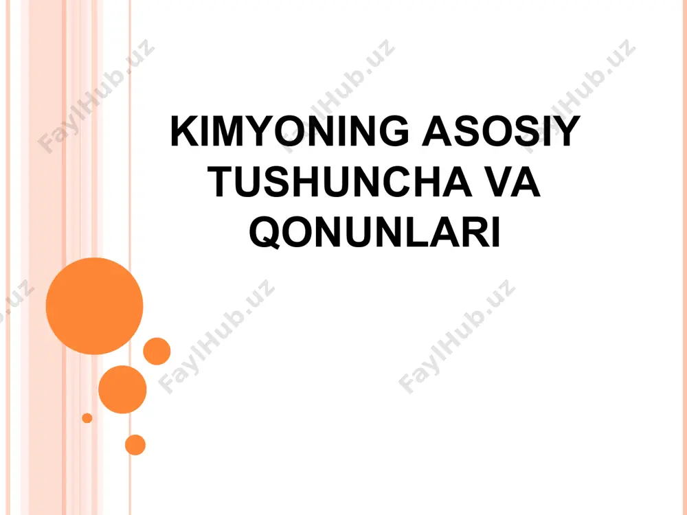 3 * основы химии. а. згуро * основы химии. а. згуро kimoviy tarkibi bo‘yicha moddalarning sinflanishi основы химии. а. згуро основы химии. а. згуро og'irligi 0,012 kg bo'lgan uglerod-12 tarkibidagi atomlar bilan bir xil miqdordagi strukturaviy elementlarni o'z ichiga olgan tizim moddalarining miqdori. moddaning bir molidagi strukturaviy elementlar soni avogadro soni deb ataladi, nabilan belgilanadi. na =6,02214129(27)·1023 mol−1. mol – valentlik – element atomining boshqa element atomlaridan ma’lum miqdordagi elektronlarni qabul qilish hususiyati oksidlanish darajasi oksidlanish darajasi - elektron juftlari elektron manfiy atomlar tomon siljishini nazarda tutgan holda elektr zaryadining son qiymatidir. oksidlanish darajasi - atom tomonidan berilgan yoki qabul qilingan elektronlar soni. turli atomlar bog'langanda, oksidlanish darajasi, agar u faqat ionlardan iborat bo'lsa, ushbu birikmadagi atom oladigan zaryadga teng bo'ladi. atomning molekuladagi holatini ifodalaydi. * kimyoviy reaksiya - bu bir yoki bir nechta boshlang'ich moddalarning (reagentlarning) kimyoviy tarkibi yoki tuzilishi bo'yicha ulardan farq qiladigan moddalarga (reaktsiya mahsulotlari) aylanishidir. yadro …