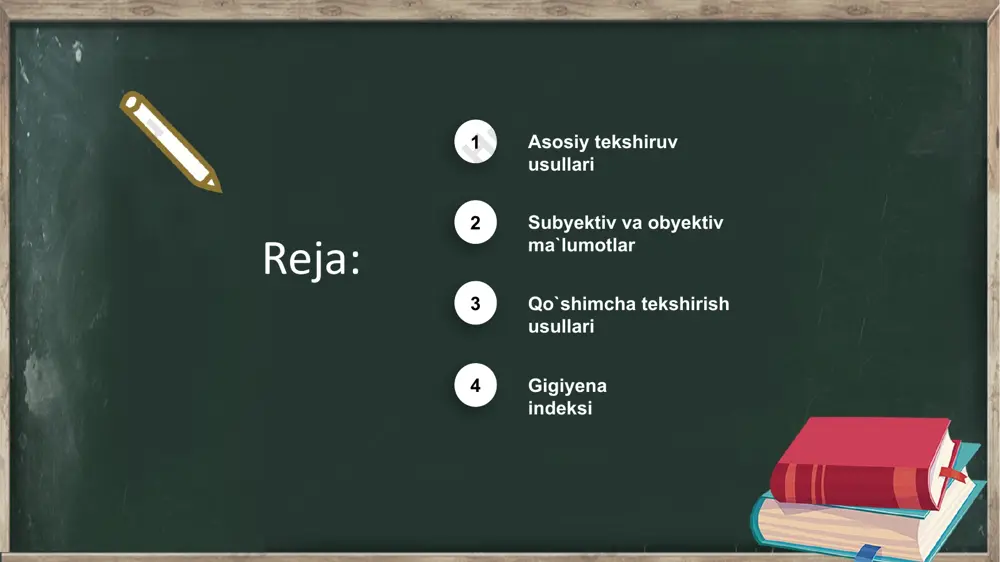 ченность зубов, наличие трем и диастем og`iz ichi ko`rigi при уточнении жалоб отмечают: наличие боли (от температурных, механических раздражителей или самопроизвольные боли). кровоточивость десны (при чистке зубов, во время приема пищи или спонтанно). подвижность зубов и их смещение. наличие экссудата (неприятный запах изо рта). наличие хронической травмы. дефекты пломб. эстетический дискомфорт. klinik ko`rinishi наличие эрозии эмали клиновидных дефектов острых краев зубов патологической стираемости характер кариозного процесса выраженности бугров моляров и премоляров оценка окклюзионных контактов (пальцевой, с артикуляционной бумагой) оценка прикуса аномалия положения отдельных зубов наличие трем, диастем выявляют неправильно изготовленные ортопедические и ортодонтические конструкции tish qattiq to`qimasini baholash tekshirishning klinik usullari maxsus tekshiruv usullaridan shiller-pisarev sinamasi, rentgenologik kapillyar mikroskopik, funksional tekshirish usullari, maxsus indekslardan foydalaniladi. shiller-pisarev sinamasi. shiller-pisarev suyuqligi (1gr yod kristallari, 2gr kaliy yodid, 40 ml distillangan suv) milkdagi glikogenni bo'yaydi. milkning surunkali yallig lanishida uning soni ko'payadi. milkka suyuqlik surtilgandan keyin intensiv bo'yalishi milkda yallig'lanish borligidan dalolat beradi. …