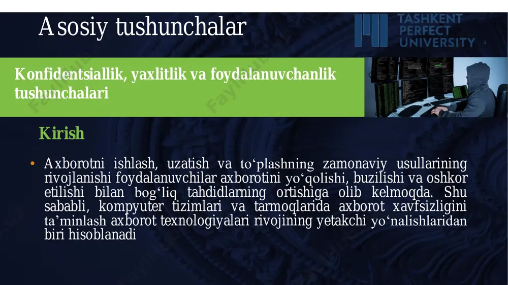 an, tridi biror ma’lumotni o‘qiy olmagan taqdirda ham uni sezilmaydigan darajada o‘zgartirishi mumkin. 9 kiberxavfsizlikni fundamental atamalari 3. foydaluvchanlik - avtorizasiyalangan mantiqiy obyekt so‘rovi bo‘yicha uning tayyorlik va foydalanuvchanlik holatida bo‘lishi xususiyati. foydalanuvchanlik axborotni (yoki tizimni) ruxsatsiz “bajarmaslik”dan himoyalash bilan shug‘ullanadi. aob ssenariysida aob veb saytidan bobning foydalana olmasligi alisaning banki va bob uchun foydalanuvchanlik muammosi hisoblanadi. sababi, mazkur holda alisa pul o‘tkazmalaridan daromad ola olmaydi va bob esa o‘z biznesini amalga oshira olmaydi. foydalanuvchanlikni buzishga qaratilgan hujumlardan eng keng tarqalgani – xizmat ko‘rsatishdan voz kechishga undovchi hujum (denial of service, dos) 4. risk – potensial foyda yoki zarar bo‘lib, umumiy holda har qanday vaziyatga biror bir hodisani yuzaga kelish ehtimoli qo‘shilganida risk paydo bo‘ladi. iso “risk – bu noaniqlikning maqsadlarga ta’siri” sifatida ta’rif bergan kiberxavfsizlik yoki axborot xavfsizligida risklar salbiy ko‘rinishda qaraladi. 9 kiberxavfsizlikni fundamental atamalari 3. hujumchi kabi fikrlash - bo‘lishi mumkin bo‘lgan xavfni oldini olish uchun qonuniy …