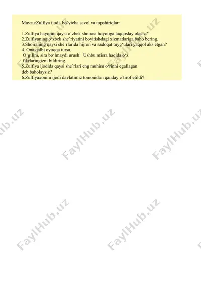 zulfiya ijodi bo`yicha savol va topshiriqlar — DOCX