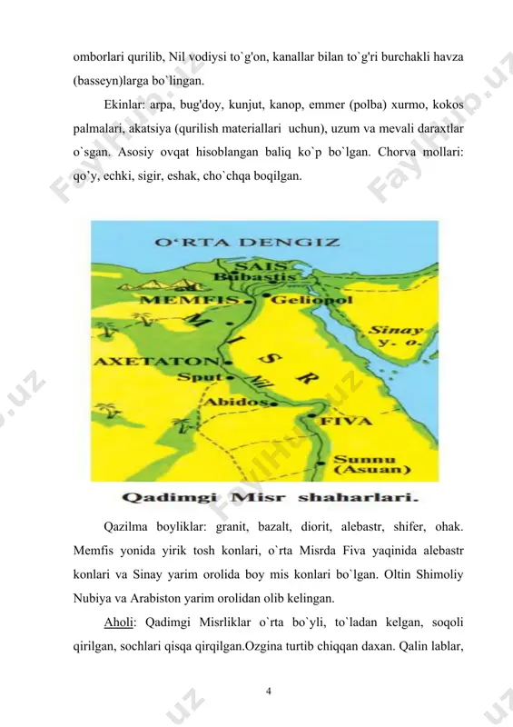 , sog'ona, uylar, sopol idishlar, haykallar va h. k. 3) xalq og'zaki ijodiyoti: qo`shiq, ertak, maqollar, afsona, axloqiy-etik asarlar. 4) tilshunoslik ma'lumotlari. 5) etnografiya ma'lumotlari 6) antropologiya ma'lumotlari: mumiyo, skelet, freska, relyeflarda odamlarni jismoniy tuzilishini o`rganish mumkin bo`lgan tasvirlar. 7) geografik muhit va landshaft, kanallar, yo`llar. yozma manbalar: mashhur fransuz olimi shampol`onning misr iyerogliflarini o`qishi qadimgi misr yozuvini o`rganishda muhim ahamiyat kasb etdi. palermo toshi yozuvlarida v sulolagacha bo`lgan fir'avnlarining ro`yxati sanab o`tilgan va yirik harbiy yurishlar va nil toshqinlari to`g'risida ma'lumot beradi. aton va ra ibodatxonalari (fivadagi karnak ibodatxonasi) devorlarida yozilgan «tutmos iii annallari» (xvii sulola) qimmatli yozma manbalardan biri hisoblanadi. kohin manefonning (taxminan er. avv. vi-iii asrda) yozilgan asarida misr tarixi eng qadimgi davrdan boshlab bayon qilingan. manefon 30 sulola ro`yxatini tuzib, ularni uch dekada 10 sulolaga bo`ldi. bu yangi davrda tadqiqotchilarning misr tarixini eng muhim davrlarini aniqlashlari uchun jumladan, qadimgi misr tarixini, qadimgi, o`rta, yangi va so`nggi …