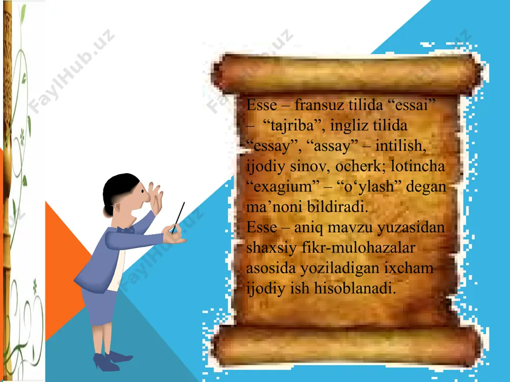 nning mohiyati ochiladi, ya’ni «esse boshida ko‘tarilgan masala bo‘yicha nima deyish mumkin?» degan savolga aniq va tushunarli javob tarzida yozilishi kerak. xulosa qismida quyidagi kirish so‘zlardan foydalaniladi: men shunday xulosaga keldimki.., qisqasi, asosiy fikrim shuki.., xulosa qilib aytganda... va boshqalar. inson tug‘iladi, yashaydi, vafot etadi. hayot esa, har doimgidek davom etaveradi. biz odamlar yoshimiz ulg‘aygani sari o‘zimizga yangi-yangi kashf etib boraveramiz. besh qo‘l barobar bo‘lmaganidek odamlar ham bir xil emasda. kimdir hayotini ilm olib o‘zini rivojlantirib umr yo‘lida mazmunli davom etadi. to‘g‘rida ilmli odam hayot tarzini pul topishga sarflamaydi, balki pulning o‘zi uni axtarib kelishini yaxshi anglab yetgan bo‘ladi. ushbu oddiy formulani tushunish birmuncha murakkablik kasb etadi. formulani mohiyatini anglagan ota-onalar farzandlariga o‘rgatib ulg‘aytirishadi. zotan inson o‘z kasbini sevsa, oldinga intilsa, maqsadiga yetadi. umr qisqa yuz yildan so‘ng biz yashagan uyda kim yashaydi yoki bo‘lmasa biz ishlagan o‘rnimizga kim kelib ishlaydi, buni hech kim bilmaydi. “kaltakesakka qanot bersang o‘zini ajdarho …