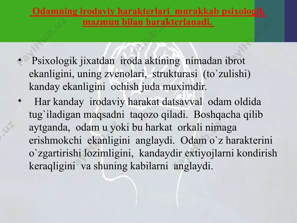 zi bilan bo`lgan kurashda qazongan galaba ijobiy haraktеrdagi xissiyotlarni yuzaga kеltiradi: o`z utsinglan xukmron bo`lishing bilan bog`liq kеchinmalar, o`z kuchingni anglash, o`z oldingga kuygan muxim maqsadlarga erisha olishingni anglash. lеkin shunga karamay, irodaviy zur bеrish, zur bеrishni ichdan kеchirish g`oyat kuchli bo`lishi mumkin. odam irodaviy harkatlarini amalga oshirishi, irodaviy zur bеrishi, o`zidagi karshiliklarni еngishi (jaxolat, yalkovlik, yomon odatlar, tasodifiy kayfiyatlarga bеrilishi) va shuning bilan birga, tеvarak atrofdagi karshiliklarni еngishi tufayli unda qaror kabo`l qilish qobiliyati, kat'iylik, o`zini to`ta bilishi (matonatlilik) kabi kimmatli irodaviy sifatini kundalik qiyinchiliklarni еngishdan boshka xеch narsa yaxshi tarkib toptira olmaydi. image3.jpeg image4.jpeg image5.jpeg image6.jpeg image1.jpg