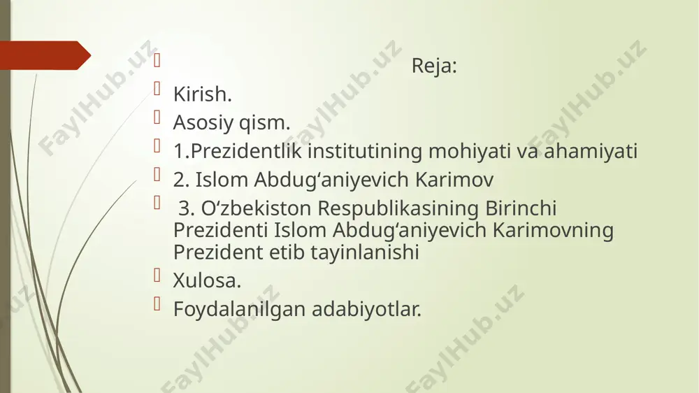 4-mart kuni o‘zbekiston ssr oliy kengashining sessiyasida islom abdug‘aniyevich karimov o‘zbekiston ssr prezidenti etib saylandi. 1991-yil 29-dekabrda muqobillik asosida o‘tkazilgan umumxalq saylovida o‘zbekiston respublikasining birinchi prezidenti etib saylandi. islom abdug‘aniyevich karimov 25-yil davomida mustaqil o‘zbekistonni boshqarib, ochiq fuqarolik jamiyati va bozor iqtisodiyotiga asoslangan huquqiy demokratik davlat qurishning chuqur o‘ylangan strategiyasini ishlab chiqqan va uni amalga oshirgan buyuk davlat arbobi sifatida mamlakatimizda va xalqaro maydonda yuksak obro‘-e’tibor qozondi. foydalanilgan adabiyotlar (1) o‘zbekiston respublikasi oliy kengashining axborotnomasi, 1990.– № 10-11, 197-modda. (2) karimov i.a. xavfsizlik va barqaror taraqqiyot yo‘lida. t. 6. – t.: o‘zbekiston, 1998. – b.140. (3) karimov i.a. o‘zbekiston mustaqillikka erishish ostonasida. – toshkent: o‘zbekiston, 2011. – b. 142, 144. (4) gordiyenko s.v. institut prezidentstva v rossii, ssha, fransii: konseptualnыe osnovы, politiko-administrativnaya praktika (sravnitelnыy analiz). – m. 2004. diss.kand.polit.nauk. –s. 4. (5) karimov i.a. mamlakatni modernizatsiya qilish va iqtisodiyotimizni barqaror rivojlantirish yo‘lida.t.16. –toshkent: o‘zbekiston, 2008. – b.5. e’tiboringiz uchun raxmat …