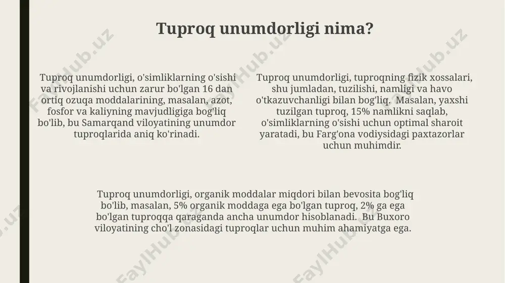 daryo viloyatida 15% gacha ekin hosildorligining kamayishiga olib keldi, bu esa suv resurslarining 20% koʻproq sarflanishiga sabab boʻldi. toʻgʻri agrotexnik usullarni qoʻllamaslik natijasida andijon viloyatida 10 yil ichida tuproq unumdorligi 10-15% ga pasaygan, bu esa ozuqa moddalarining etishmasligiga va ifloslanish darajasining oshishiga olib keldi. samarqand viloyatida oʻtkazilgan tadqiqotlar shuni koʻrsatdiki, intensiv dehqonchilik tufayli tuproqning 30% qismi eroziyaga uchragan va 5000 ga yaqin gektar yer unumdorligini yoʻqotgan. mineral oziq moddalar va tuproq unumdorligi namangan viloyatida o'tkazilgan tadqiqotlar shuni ko'rsatdiki, tuproqqa mikroelementlar (mis, rux) qo'shish 30% gacha sabzavot ekinlarining hosildorligini oshiradi va mahsulot sifatini yaxshilaydi. tuproqning mineral tarkibi, xususan, fosfor va azot miqdori, 50% gacha hosil miqdorini belgilaydi. qora tuproqli hududlarda bu ko'rsatkich biroz yuqoriroq bo'lishi mumkin. o'zbekistonning farg'ona vodiysidagi paxtazorlarda 1 gektar maydonga 20 kg dan ortiq kaliy o'g'itlari qo'llanilishi tuproq unumdorligini 15-20% ga oshirishi mumkin, bu hosildorlikni sezilarli darajada yaxshilaydi. tuproq unumdorligining qishloq xo'jaligidagi ahamiyati toshkent viloyatining unumdor tuproqli hududlarida …