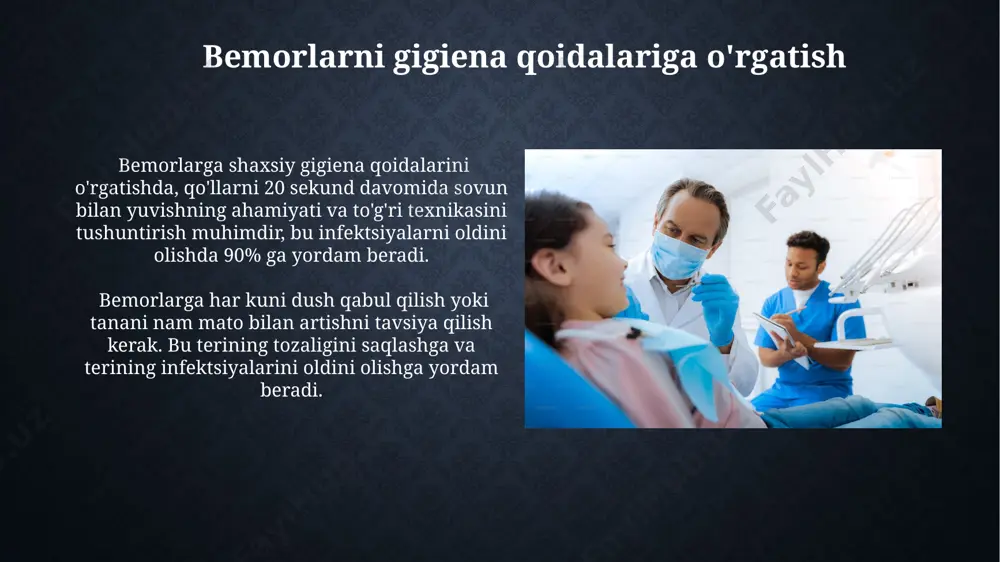 ari bemorlarning 70% gacha bo'lgan qismi kasalxonada yotgan davrda terining shikastlanishi xavfini oshiradigan, ya'ni yara va yaralanishlarga moyil bo'lgan, terining quruqlashuvi muammosiga duch keladi. yosh va surunkali kasalliklarga ega bemorlar, masalan, diabet yoki paralichga chalinganlar, shaxsiy gigiena ehtiyojlarini qondirishda 2-3 baravar ko'proq yordamga muhtoj bo'lishlari mumkin. yuqumli kasalliklarning oldini olish shaxsiy gigiena vositalaridan, masalan, sochiq va tish cho'tkasi kabi, faqat o'zingiz foydalaning. bunday choralar yuqumli kasalliklarning tarqalishini oldini olishda muhim rol o'ynaydi. yuqumli kasalliklarning oldini olishda qo'llarni tez-tez sovun bilan yuvish, kuniga kamida 5 marta, 20 soniya davomida juda muhimdir, bu bakteriyalar va viruslarning tarqalishini sezilarli darajada kamaytiradi. qo'llarning gigienasi qoʻllarda teri kasalliklari mavjud boʻlganda, masalan, ekzema yoki dermatit, qoʻl gigienasi ehtiyotkorlik bilan amalga oshirilishi va shifokor tavsiyalariga amal qilinishi kerak, bu holatlar qo'shimcha muolajalarni talab qilishi mumkin. bemorlarning qoʻllari kuniga kamida 5-6 marta, har bir yuvish 20-30 sekund davom etishi kerak boʻlgan holda, sovun va suv bilan yuvish juda …