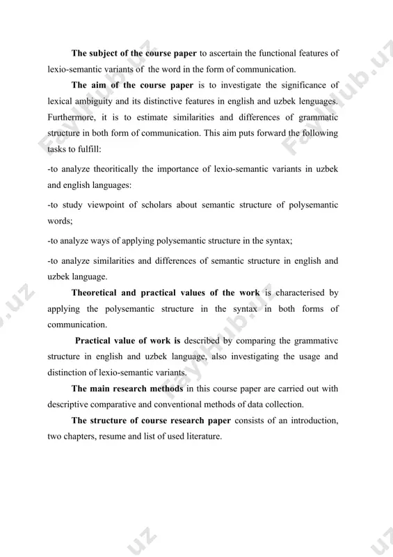 r is to investigate the significance of lexical ambiguity and its distinctive features in english and uzbek lenguages. furthermore, it is to estimate similarities and differences of grammatic structure in both form of communication. this aim puts forward the following tasks to fulfill: -to analyze theoritically the importance of lexio-semantic variants in uzbek and english languages: -to study viewpoint of scholars about semantic structure of polysemantic words; -to analyze ways of applying polysemantic structure in the syntax; -to analyze similarities and differences of semantic structure in english and uzbek language. theoretical and practical values of the work is characterised by applying the polysemantic structure in the syntax in both forms of communication. practical value of work is described by comparing the grammativc structure in english and uzbek language, also investigating the usage and distinction of lexio-semantic variants. the main research methods in this course paper are carried out with descriptive …