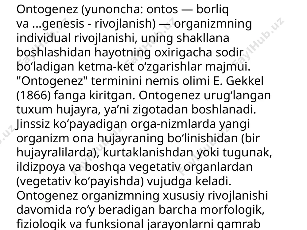shadi. irsiy apparat maxsus oqsil molekulalarining sintezini kodlash orqali morfogenetik jarayonlarning umumiy yoʻnalishini belgilab beradi. bu jarayonlarning amalga oshishi ozmi-koʻpmi (irsiy belgilangan reaksiya normasi chegarasida) tashqi muhit taʼsiri bilan bogʻliq. zamonaviy tushunchalarga binoan, ontogenez boshlanayotgan hujayrada irsiy axborot kodi holatida organizmning bundan keyingi rivojlanishi programmasi joylashgan. ontogenez davomida bu programma yadro bilan sitoplazmaning oʻzaro taʼsiri jarayonida murtakning har bir hujayrasida, uning har xil hujayralari va hujayra komplekslari oʻrtasida amalga oshadi. irsiy apparat maxsus oqsil molekulalarining sintezini kodlash orqali morfogenetik jarayonlarning umumiy yoʻnalishini belgilab beradi. bu jarayonlarning amalga oshishi ozmi-koʻpmi (irsiy belgilangan reaksiya normasi chegarasida) tashqi muhit taʼsiri bilan bogʻliq. yosh davrlari erkaklarda ayollarda chaqaloqlik 1-10 kun 1-10 kun emizaklik davri 10 kundan 1 yoshgacha 10 kundan 1 yoshgacha ilk bolalik 1-2 yosh 1-2 yosh bolalikning 1- davri 3-7 yosh 3-7 yosh bolalikning 2-davri 8-12 yosh 8-11 yosh o’smirlik davri 13-16 yosh 12-15 yosh o’spirinlik davri 17-21 yosh 16-20 yosh o’rta …