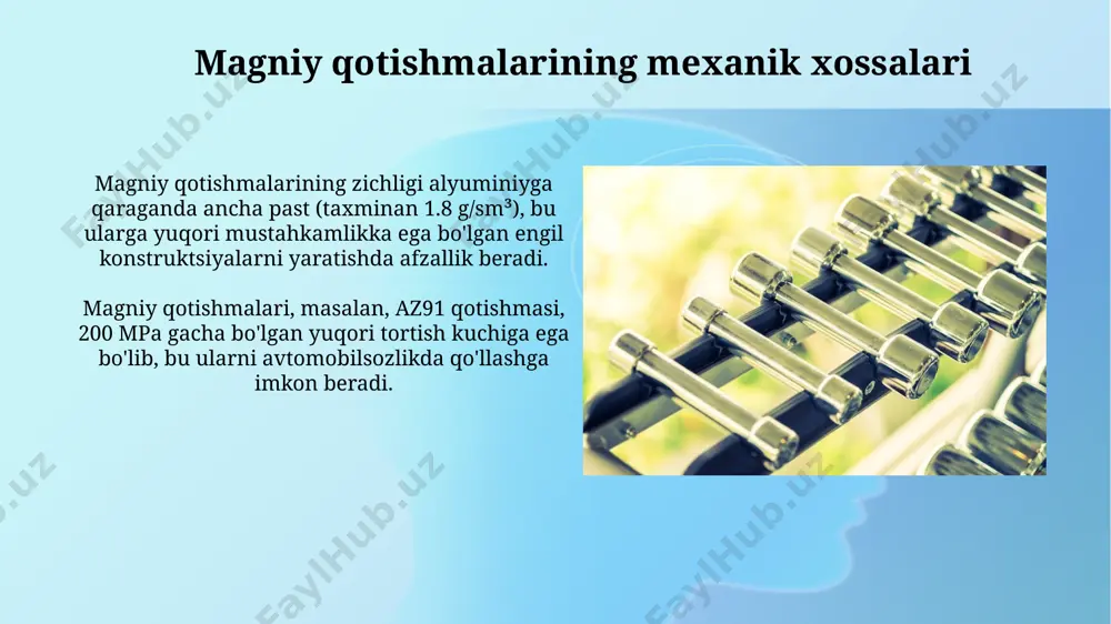 ligi tufayli issiqlik tarqalishi tizimlarida qo'llaniladi. aviatsiya va kosmonavtika sohasida magniy qotishmalaridan yuqori qattiqlik va korroziyaga chidamlilik talab qilinadigan murakkab tuzilmalarni yaratishda foydalaniladi, bu ularning ishlash muddatini 2 barobarga uzaytiradi. magniy qotishmalarining termik ishlov berish magniy qotishmalari uchun yumshatish termal ishlov berish 250-350°s oralig'ida amalga oshiriladi va bu jarayon natijasida qotishmaning mexanik xususiyatlarini o'zgartirishga, ichki kuchlanishlarni kamaytirishga erishiladi. magniy qotishmalarining issiq presslash jarayoni 400-500°s haroratda amalga oshiriladi va bu jarayon natijasida qotishmaning mustahkamligi va plastishlash xususiyatlarini yaxshilashga yordam beradi, strukturaviy o'zgarishlar ro'y beradi. magniy qotishmalarining kimyoviy xossalari magniyning yuqori elektrokimyoviy faolligi tufayli, uning qotishmalari korroziyaga chidamliligi past bo'lishi mumkin, ammo maxsus qo'shimchalar (masalan, alyuminiy, sink) qo'shish orqali bu xususiyatni yaxshilash mumkin. magniy qotishmalari, tarkibidagi qo'shimchalarga qarab, 200-600 mpa gacha bo'lgan yuqori tortish kuchiga ega bo'lishi mumkin, bu esa ularni avtomobilsozlikda ishlatishga imkon beradi. magniy qotishmalarining turlari magniy qotishmalari tarkibida 2-5% alyuminiy, 0,2-1% sink va boshqa qo'shimchalar bo'lishi mumkin, bu ularning …