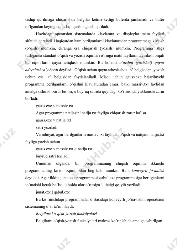 hirilgan. getc() makrosi tayinlangan oqimdan navbatdagi belgini qayta-radi va kirish oqimi ko’rsatkichini keyingi belgini o’qishga mos-lagan holda oshiradi. agar o’qish muvaffaqiyatli bo’lsa getc() funksiyasi ishorasiz int ko’rinishidagi qiymatni, aks holda eof qaytaradi. ushbu funksiya prototipi quyidagicha: int getc(file * stream) eof identifikator makrosi #define eof(-1) ko’rinishida aniqlangan va o’qish-yozish amallarida fayl oxirini belgilash uchun xizmat qiladi. eof qiymati ishorali char turida deb hisoblanadi. shu sababli o’qish-yozish jarayonida unsigned char turidagi belgilar ishlatilsa, eof makrosini ishlatib bo’lmaydi. navbatdagi misol getc() makrosini ishlatishni namoyon qiladi. #include #include int main() { char ch; cout int main() { char *s; puts(”satrni kiriting: “); gets(s); puts(”kiritilgan satr: ”); puts(s); return 0; } formatli o’qish va yozish funksiyalari formatli o’qish va yozish funksiyalari - scanf() va printf() funksiyalari s tilidan vorislik bilan olingan. bu funksiyalarni ishlatish uchun «stdio.h» sarlavha faylini programmaga qo’shish kerak bo’ladi. formatli o’qish funksiyasi scanf() quyidagi prototipga ega: int scanf(const char * [ …