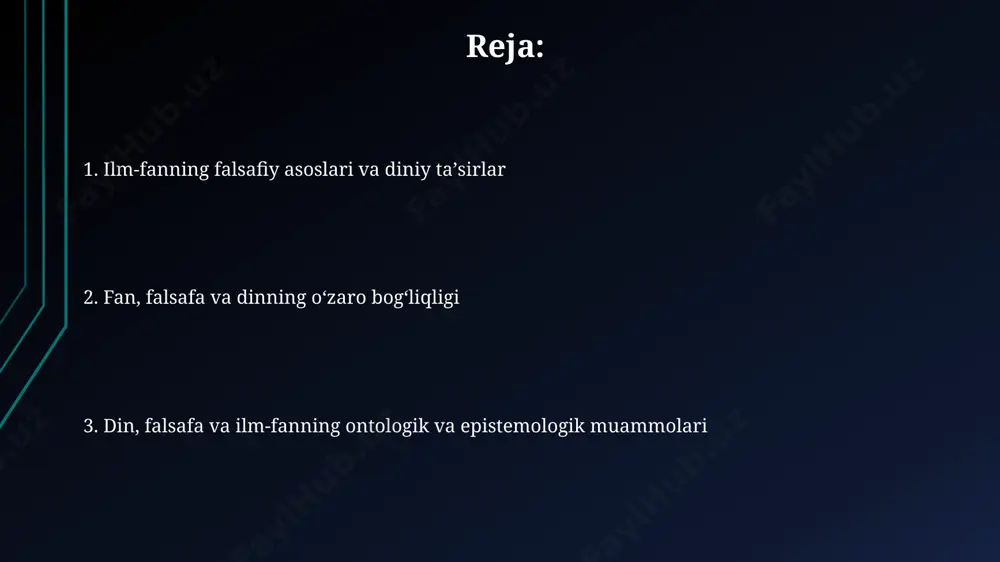 ri kutilmagan xulosalarga olib keldi. ilmiy ontologiya, 20-asr boshlarida vena davrasuylashlarida rivojlangan mantiqchilik pozitsiyasidan, 3 ta asosiy yo'nalishda – fizikachilik, idealizm va realizmda o'rganildi. kelajakdagi istiqbollar aqshning silikon vodiysi va xitoyning shenzhen shahri kabi texnologiya markazlarida 2040-yilga kelib, sun'iy intellektning rivojlanishi fan, falsafa va dinning o‘zaro munosabatlarini qayta ko‘rib chiqishga majbur qiladi. genetika sohasidagi yutuqlar, 2100-yilga kelib, inson umrini 120 yilgacha uzaytirishi mumkin, bu esa falsafiy va diniy e’tiqodlarga jiddiy ta’sir o‘tkazadi. kelajakda, 2050-yilga borib, dunyoning 10 ta yirik shahrida fan, falsafa va dinning integratsiyalashgan 50 dan ortiq markazlari faoliyat yuritadi, bu global hamkorlikni kuchaytiradi. fan va dinning ziddiyatlari 18-asrda yevropada fan va din o'rtasidagi ziddiyatlar, 200 dan ortiq olimlar va ruhoniylarning qatnashgan mashhur "galileo ishi" kabi voqealar orqali yuzaga keldi, bu esa insoniyatning dunyoga bo'lgan qarashlariga ta'sir qildi. markaziy osiyoda, taxminan 1000 yil avval, islom dunyosidagi ilm-fanning taraqqiyoti bilan bir vaqtda, ba'zi diniy ta'limotlarning ilmiy kashfiyotlar bilan mos kelmasligi, …