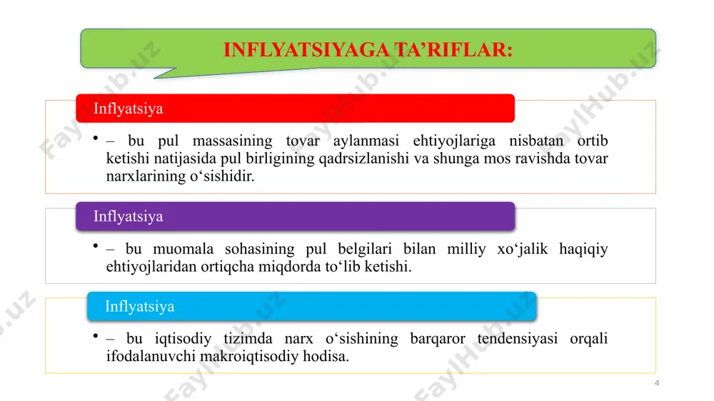 iste’mol narxlari indeksi 128,2 126,6 121,6 103,8 103,7 107,8 yillar 2006 2007 2008 2009 2010 2011 iste’mol narxlari indeksi 106,8 106,8 107,8 107,4 107,3 107,6 yillar 2012 2013 2014 2015 2016 2017 iste’mol narxlari indeksi 107,0 106,8 106,1 105,6 105,7 114,4 yillar 2018 2019 2020 2021 2022 iste’mol narxlari indeksi 114,3 115,2 111,1 110,0 112,3 o‘zbekiston respublikasi bo‘yicha iste'mol narxlari indeksi dinamikasi, o‘tgan yilning dekabr oyiga nisbatan, foizda 2. inflatsiyaning turlari. talab va taklif inflatsiyasi. inflyatsiya turlari. o‘rmalab boruvchi inflyatsiya holatida narxlar yiliga 10 foizgacha, jadal inflyatsiyada 20 dan 200 foizgacha, giperinflyatsiyada 200 foizdan yuqori darajada o‘sishi kuzatiladi. bashorat qilish mumkinligiga qarab kutilayotgan va kutilmagan inflyatsiya farqlanadi. kutilayotgan inflyatsiya va uning oqibatlarini oldindan bashorat qilish mumkin, kutilmagan inflyatsiyani oldindan aytib bo‘lmaydi. birinchi holda inflyatsiyaning kutilayotgan salbiy oqibatlariga tayyorlanib, uni sezilarli darajada yumshatish mumkin. ikkinchi holda narxlarning kutilmagan o‘sishi natijasida mamlakat iqtisodiy ahvolining sezilarli yomonlashuvi ro‘y berishi mumkin. 16 inflyatsiyaning kelib …
