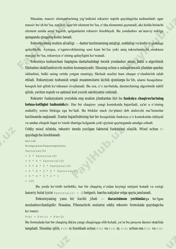 ub), darajali hisoblashlar va h.k. 2. ma'lumotlar tuzilmalarini aylanib chiqish – daraxtlar, grafalar, massivlar, fayl tizimlari kabi ierarxik strukturalarda. 3. backtracking asosidagi algoritmlar – masalan, sudoku yechimi, n-qirol masalasi, kombinatsiyalar va permutatsiyalarni qurish. 4. divide and conquer (bo‘lib yechish) – rekursiyaning eng ko‘p qo‘llaniladigan strategiyalaridan biri bo‘lib, masalani kichik qismlarga ajratish va ularni alohida hal qilish orqali ishlaydi (masalan, merge sort, quick sort algoritmlari). rekursiv algoritmlarda samaradorlikka erishish uchun quyidagi texnikalar muhim hisoblanadi:  memoizatsiya – hisoblangan qiymatlarni saqlab qolish orqali bir xil hisob-kitoblarni qayta bajarmaslik. bu texnika ayniqsa fibonachchi kabi takroriy chaqiriqlarda foydali.  tail recursion (quyruqli rekursiya) – bu rekursiyaning oxirgi amal sifatida o‘zini chaqirish holatidir. ayrim dasturlash tillari (masalan, haskell, scala) tail recursion holatida optimizatsiya qiladi, ya’ni qo‘shimcha stek xotirasini talab qilmaydi.  iteratsiyaga aylantirish – kerakli holatlarda rekursiyani iterativ yechimga aylantirish orqali xotira tejaladi va ishlash tezligi oshadi. shuni unutmaslik kerakki, rekursiyani noto‘g‘ri qo‘llash samaradorlikni keskin …