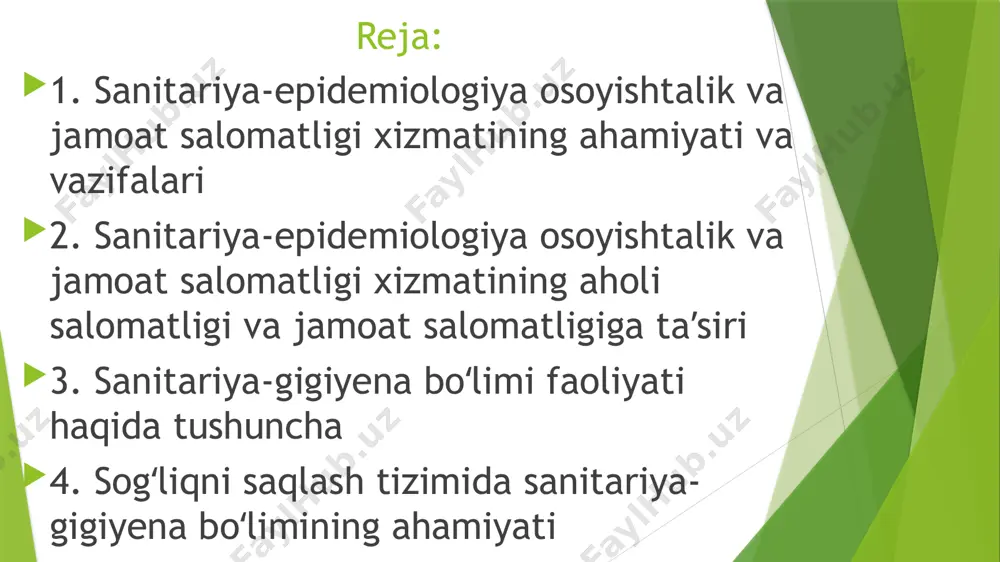 rining ish vazifalari mehnat gigiyenasi boʻlimi - mulkchilikning shaklidan va qaysi idoraga boʻysunishidan qat’iy nazar korxonalar, birlashmalar va boshqa ishlab chiqarish obyektlari uchun yer uchastkasi ajratishda ishtirok etish va xulosa berish. - kasb kasalliklari, zaharlanishlar va baxtsiz hodisalarini oldini olish maqsadida mulkchilikning shaklidan qatʼiy nazar, korxonalar, muassasa, tashkilot va birlashmalarning xodimlari dastlabki hamda davriy tibbiy koʻrikdan oʻtkazish va olingan maʼlumotlar asosida aniq chora-tadbirlar ishlab chiqish. ovqatlanish gigiyenasi boʻlimi -mulkchilikning shakllaridan qatʼiy nazar, oziq-ovqat mahsulotlari va oziq-ovqat xomashyosi ishlab chiqarish, ularni saqlash, tashish, sotish bilan shugʻullanuvchi korxonalar, muassasalar, tashkilotlar, birlashmalarni qurish uchun yer uchastkasini ajratishda ishtirok etish va xulosalar berish -yangi ozuqa qoʻshimchalarini maxsus qoʻshiladigan biologik aktiv moddalarni, oziq-ovqat mahsulotlari saqlanadigan idishlarni yangi turlarini ishlab chiqishda va qoʻllashda ularning zaharliligi va gigiyenasi jihatdan baholash kommunal gigiyenasi boʻlimi mulkchilikning shakllaridan qatʼiy nazar, kommunal xoʻjalik, sport inshootlari, sanitariya maishiy binolar va davolash-profilaktika, turar joy binolari va boshqa muassasalar binolari uchun yer uchastkasi ajratishda …