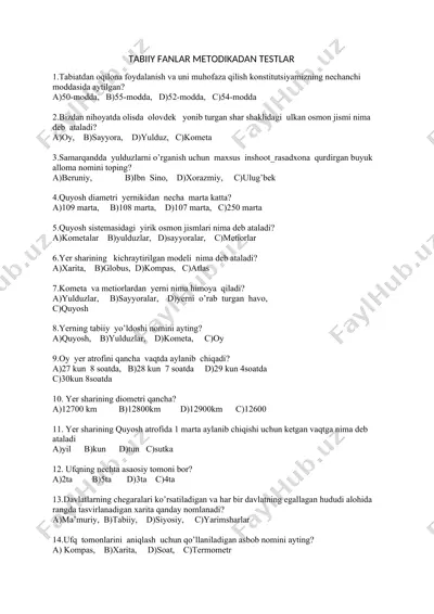 tabiiy fanlar metodikadan testlar — DOCX