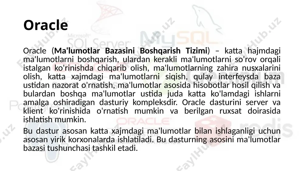 a ma'lumotlarni qayta ishlaydi sql-ni qo'llab-quvvatlay olishi oracle relyatsion ma'lumotlar bazalaridan kiritish mumkinligi ma'lumotlarni o'qish va yozish uchun java / c api bilan oracle nosql ma'lumotlar bazalaridan foydalanish imkoniyati mavjudligi mantiqiy masala to’rtta o’rtoq birgalikda koptok sotib olishdi. birinchisi qolgan sheriklari qo’shgan jami pulning yarmini, ikkinchisi uchdan birini, uchinchisi to’rtdan birini va to’rtinchisi 130 so’m qo’shgan bo’lsa, koptok qancha turadi? oracle(mbbt)ning tuzilish arxitekturasi boshqaruvchi fayllar (controlfiles) bu fayllar ma’lumotlar bazasining strukturasi va u orqali qilingan zaxira nusxalar haqidagi ma’lumotlarni o’zida saqlaydi. ma’lumot fayllari (data files) ma’lumotlar bazasida joylashgan axborotlarni saqlaydi. operativ jurnal fayllari (online redo log files) bu fayllar orqali shikast etgan bazalarni qaytatiklash mumkin bo’ladi. bufayllarda ma’lumotlar bazasiga kiritilgan barcha o’zgarishlar tarixi saqlanadi. ma’lumotlar bazasiga oid bo’lmagan fayllar parametr fayllari ishga tushayotgan ekzemplyarning parametrlarini saqlaydi parol fayli ma’lumotlar bazasi administratori masofadan turib yoki ish joyidan bazaga ulanish uchun ishlatiladigan parol saqlanadi jurnal arxivlari (archive log files) operativ jurnal fayllari …