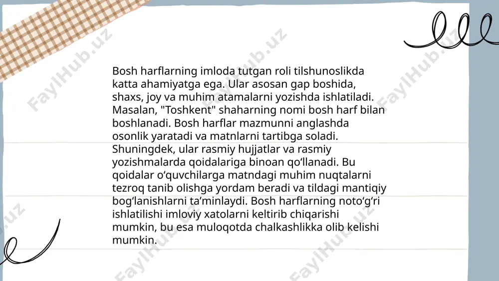 h harflaridan foydalanib qisqartmalar hosil qiladi. masalan, bmt (birlashgan millatlar tashkiloti), ssv (sog‘liqni saqlash vazirligi), mm (moliya vazirligi). qisqartmalar rasmiy hujjatlarda, matbuotda va kundalik hayotda tez-tez qo'llaniladi, axborotni tez va aniq yetkazishga yordam beradi. shuningdek, xalqaro tashkilotlar nomlarini ham qisqartirish odat tusini olgan: nato (north atlantic treaty organization), unesco (united nations educational, scientific and cultural organization). bunday qisqartmalar nafaqat xalqaro va davlat miqyosida, balki xususiy sektor va kompaniya nomlarida ham uchraydi, masalan, ibm (international business machines). ... t.me/slaydai_bot aloqalar o'rnatishda harflar roli katta bo'lgan masaladir. "oila nomlari va bosh harflar" mavzusida oila nomlari odatda ota-onaning birinchi yoki bir nechta bosh harflari bilan boshlangan ismlar tanlanishi bilan bog'liqdir. bu an'ana ayrim hududlarda keng tarqalgan. masalan, o'zbekistonda azizov oilasi farzandlariga azizbek yoki aziza kabi ismlar berilishi mumkin, bu orqali otaning ismidan boshlanganini ko'rsatadi. shuningdek, bu marosimlar ba'zan mahalliy madaniyat va urf-odatlar bilan uyg'unlashgan bo'lib, avlodlar o'rtasida bog'liqlikni mustahkamlaydi. bunday harflar tanlovi oila …