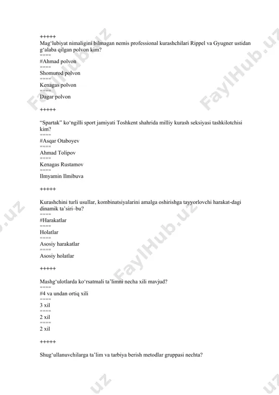 = besh qismdan +++++ tayyorlov qismiga qancha vaqt beriladi? ==== #25-30 daqiqa ==== 22-35 daqiqa ==== 25-35 daqiqa ==== 26-35 daqiqa +++++ asosiy qismga qancha vaqt beriladi? ==== #40-45 daqiqa ==== 45-50 daqiqa ==== 42-52 daqiqa ==== 50-55 daqiqa +++++ yakunlovchi qismga qancha vaqt beriladi? ==== #5-10 daqiqa ==== 6-11 daqiqa ==== 10-15 daqiqa ==== 15-18 daqiqa +++++ usul deb nimaga aytiladi? ==== #kurashchini g‘alabaga erishishga qaratilgan harakatlar ==== kurashchilar tomonidan qo‘llaniladigan holatlar ==== kurashchining tayyorgarligi ==== usullarning barchasini bajarish +++++ kurashga oid atamalarni aniqlang? ==== #kurash, tanbex, halol ==== tennis, futbol, o‘yin ==== jang, tanbex,halol ==== tanbex, o‘yin, kurash +++++ kurashchilarning kiyimi tartibini aniqlang? ==== #kurash yaktagi, ishton, belbog‘, qiz bolalarga ichidan oq futbolka kiy-ishga ruxsat berilgan. ==== kurash yaktagi, ishton, belbog‘ ==== kurash belbog‘i ==== kurash yaktagi, belbog‘, ishton +++++ musobaqa nagruzkasi deb nimaga aytiladi? ==== #musobaqa faoliyati hajmi va shiddatining son miqdoridir ==== kurashish hajmi ==== qarshi …