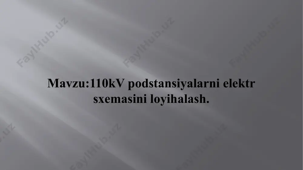 lama grafigi yuklanish korsatgichi va aktiv quvvatni elektr yuklama grafigi stantsiya va podstantsiyalarda kuch transformatorlarini quvvatini va sonini aniqlash. transformatorning nominal quvvatlari quyidagi shartga koʻra tanlanadi, (mv·a) demak, gost boʻyicha transformator qatori 2,5 mv·a; 4,0 mv·a; 6,3 mv·a; 10,0 mv·a va xokazo quvvatli trasformatorlarni tanlash tavsiya qilinadi. agar trasformatorlardan biri ishdan chiqsa, elektr ta’minoti toʻxtatilmay, ikkinchisi vaqtinchalik 140 % yuklama bilan ishlashi koʻzda tutiladi. a) ikki hil quvvatli trasformatorlar olish koʻzda tutiladi. i – variant: 6,3 mv·a 10 mv·a; uning oʻta yuklanishi, ==0,45 i – variant: 10 mv·a uning oʻta yuklanishi, ==0,28 transformatorlarni biri ishdan chiqsa, bu tanlagan variantlarni ishlashini tekshiramiz. 1-variant; 1,4*sn=1,4*6,3=8,82 mv,a 2-variant; 1,4*sn=1,4*10=14 mv,a tmn-6300/110/10 kva tmn-10000/110/10 kva podstansiyaning bir chizqili sxemasi stantsiya va podstantsiyalarda, ehmda qisqa tutashuv toklarini aniqlash. qisqa tutashuv toklari asosan elektr asbob–uskuna parametrlarini tanlash yoki tekshirish, shuningdek, rele muhofazasi va avtomatika qurilmasini tanlash yoki tekshirish uchun hisoblanadi. tarmoq elementlarining qarshiligini aniqlash uchun, odatda, …