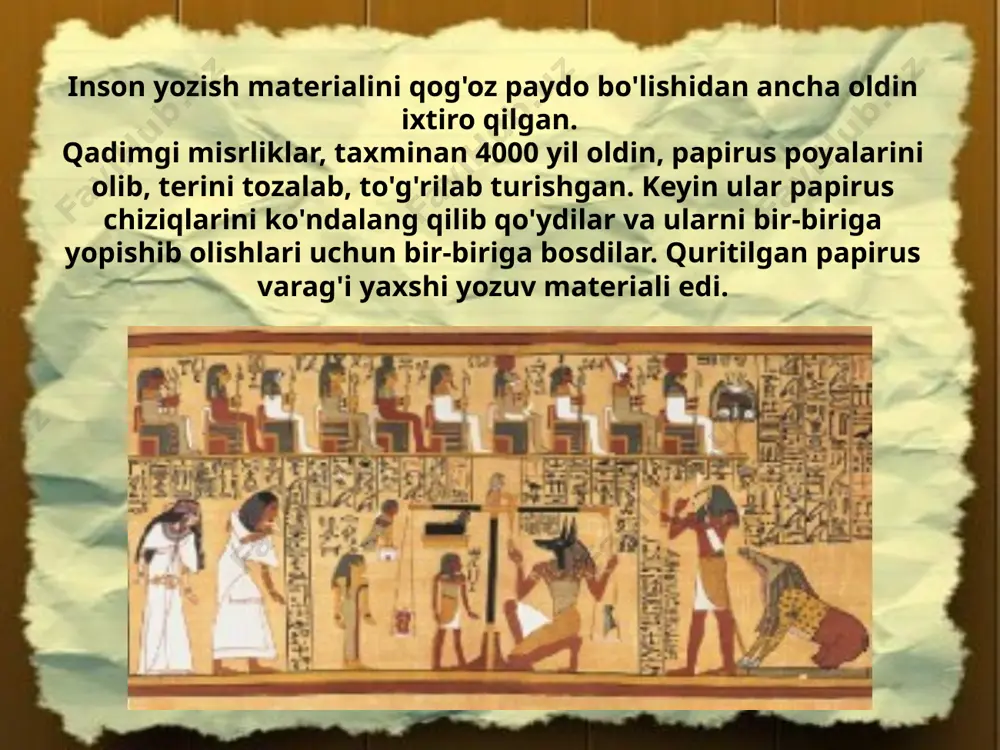 u qog‘oz tarixiga katta ta’sir ko‘rsatgan. papirus qog'ozlari qadimgi misrda yaratilgan va tarixiy hujjatlarni, adabiyotlarni va san'at asarlarini yozish uchun keng qo'llanilgan materialdir. papirus o'zining o'ziga xos ishlab chiqarish jarayoni, tarixi va madaniy ahamiyati bilan ajralib turadi. ushbu esseda papirus qog'ozlarining tarixi, ishlab chiqarish usuli va ularning insoniyat tarixidagi o'rni ko'rib chiqiladi. papirusning tarixi miloddan avvalgi 3000-yillarga borib taqaladi. u qadimgi misrda o'stirilgan papirus o'simliklaridan (cyperus papyrus) tayyorlangan. papirus o'simliklari nil daryosi bo'yida ko'p uchraydi va ularning qalin, uzun poyalari qog'oz ishlab chiqarishda ishlatilgan. papirus qog'ozlari qadimgi misrda yozuvlar, rasmiy hujjatlar va adabiyotlar uchun asosiy material bo'lgan. ular shuningdek, boshqa qadimiy tsivilizatsiyalar, jumladan, gretsiya va rimda ham qo'llanilgan. papirus qog'ozlarini tayyorlash jarayoni juda murakkab edi. avval papirus o'simliklarining poyalarini kesib, ularni uzun bo'laklarga bo'lishar edilar. keyin bu bo'laklar suvda namlanib, bir-biriga joylashtirilardi. ular ustiga og'ir narsalar qo'yilib, bir necha kun davomida quritilar edi. quritilgan bo'laklar bir-biriga yopishtirilgan holda, keng va …