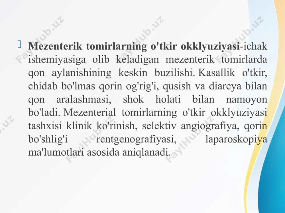 g okklyuziyasi kamdan-kam hollarda mezenterial qon aylanishining jiddiy buzilishlariga olib keladi. mezenterik venalarning okklyuziyasi kamroq uchraydi; mezenterik arteriyalar va tomirlarning aralash shikastlanishi ham mumkin, bunda tomirlardan birining o'tkir okklyuziyasi boshqasining surunkali obstruktsiyasidan oldin sodir bo'ladi. mezenterial tomirlarning o'tkir okklyuziyasi turli xil yurak-qon tomir kasalliklari (ateroskleroz, yurak nuqsonlari, tizimli allergik vaskulit, revmatizm, gipertoniya, qorin aortasi anevrizmasi, aritmiya), oldingi yurak va aorta operatsiyalari, xavfli o'smalar, shikastlanishlarning asoratlari sifatida rivojlanadi. mezenterial tomirlarning o'tkir okklyuziyasining bevosita sababi tromboz va emboliya. tromboz bilan mezenteriya tomirlarining lümeni qon ivishining kuchayishi va qon oqimining kechikishi fonida qon tomir devorlarining o'zgarishi natijasida hosil bo'lgan tromb bilan qoplanadi (vihrovning patogenetik triadasi). mezenterial tomirlarning o'tkir okklyuziyasi mezenterial qon oqimining kompensatsiyasi, subkompensatsiyasi va dekompensatsiyasi bilan sodir bo'lishi mumkin. mezenterial qon oqimining kompensatsiyasi bilan (o'z-o'zidan yoki konservativ terapiya ta'siri ostida) ichakning barcha funktsiyalari to'liq tiklanadi. qon ta'minoti etarli emasligi sababli mezenterial qon oqimining subkompensatsiyasi bir qator ichak kasalliklariga olib kelishi mumkin: qorin …