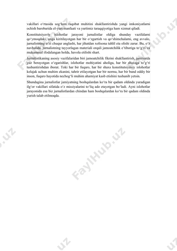 dbirlar fuqarolarning axborot sohasidagi huquqini yanada kengroq roʻyobga chiqarish uchun imkon yaratish, oavning davlat hokimiyati va boshqaruv organlari faoliyati ustidan jamoatchilik nazoratini taʼminlash borasidagi rolini kuchaytirishga xizmat qiladi. yangi oʻzbekistonni barpo etishda , jamiyat va davlat boshqaruvini tanqidga, ayniqsa, qarama-qarshi fikrlarga toʻgʻri muno sabatni shakllantirishda soʻz erkinligi uchun xolis xizmat qiladigan axborot vositalari hamda unda faoliyat yuritib kelayotgan jurnalistlar uchun, avvalambor, konstitutsiyaviy kafolatlar juda muhim. umumxalq muhokamasiga taqdim etilgan konstitutsiyaviy qonun loyihasining 67-moddasida: “davlat ommaviy axborot vositalari faoliyatining erkinligini, ularning axborotni izlash, olish, axborotdan foydalanish va uni tarqatishga boʻlgan huquqlari amalga oshirilishini kafolatlaydi”, degan norma ham oʻz ifodasini topmoqda. buning eʼtibor va eʼtirofga loyiq jihati shundaki, davlat oav hamda oʻzbekiston taraqqiyoti va xalq turmushi farovonligini yanada yuksaltirish yoʻlida ulkan hissa qoʻshib kelayotgan jurnalistlar faoliyati erkinligi qonun yoʻli bilan himoyalanishini davlatning asosiy qonuni bilan kafolatlamoqda. dunyo tajribasiga koʻra, soʻz va matbuot erkinligini taʼminlamay turib, iqtisodiy rivojlanishga erishish ham, jamiyat aʼzolari turmush …