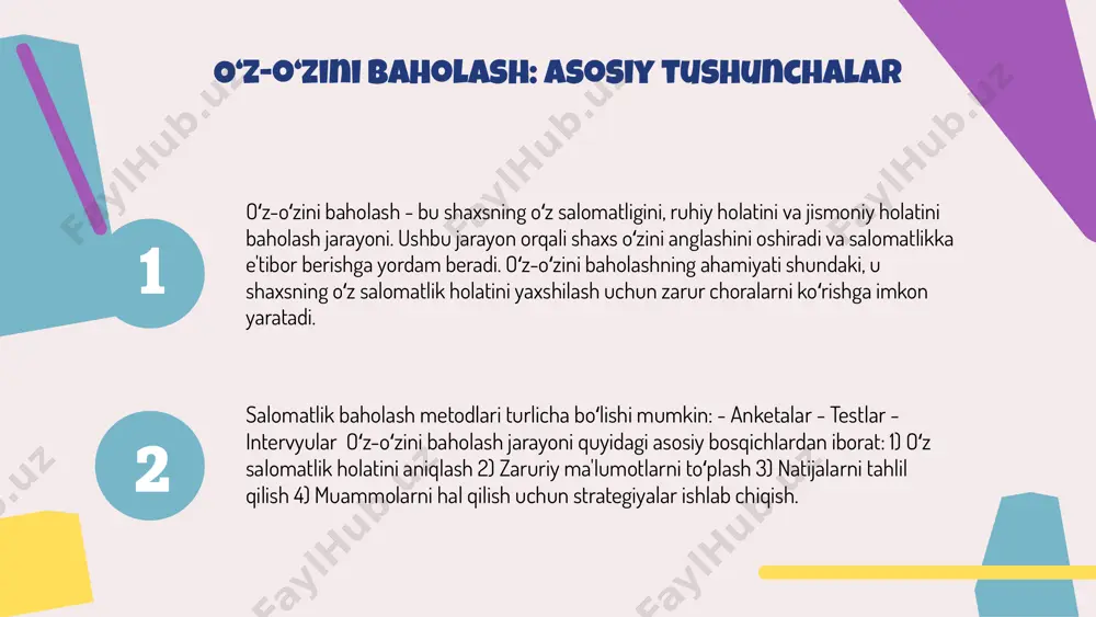 ni anglashni oshirish, salomatlikka bo‘lgan munosabatni yaxshilash. salbiy natijalar: o‘zini past baholash va ruhiy salomatlik muammolari. o‘z-o‘zini baholash orqali salomatlikni yaxshilash uchun o‘zgarishlar kiritish mumkin. o‘z-o‘zini baholash orqali salomatlikni yaxshilash o‘z-o‘zini baholash yordamida maqsadlarni belgilash, o‘zgarishlarga erishish va salomatlikni yaxshilash mumkin. muntazam baholash orqali yutuqlarni kuzatish va zarur o‘zgartirishlar kiritish foydali. raqamli vositalardan foydalanish ham jarayonni osonlashtiradi. photo by jenny hill on unsplash o‘z-o‘zini tahlil qilish va uning ahamiyati o‘z-o‘zini tahlil qilish, shaxsning o‘z salomatligini, hissiyotlarini va fikrlarini baholash jarayonidir. bu jarayon o‘z-o‘zini anglashni oshiradi va shaxsning ichki muammolarini aniqlashga yordam beradi. o‘z-o‘zini tahlil qilish salomatlikni yaxshilash uchun muhimdir. u insonning stress darajasini kamaytiradi, o‘zini yanada yaxshi his qilishga yordam beradi va qaror qabul qilish jarayonida to‘g‘ri yo‘nalishlarni tanlashga yordam beradi. o‘z-o‘zini tahlil qilish jarayonida quyidagi asosiy qadamlar mavjud: 1) o‘z his-tuyg‘ularini aniqlash; 2) salomatlik holatini baholash; 3) o‘zgarishlarni rejalashtirish va amalga oshirish. bu qadamlar shaxsning o‘zini anglashiga va salomatligini …