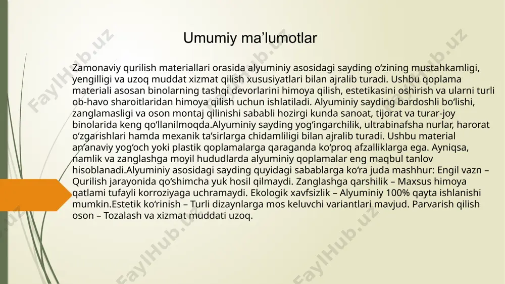 ekorativ talablar :bo‘yoq qatlamining qalinligi: 25 – 35 mikron (pvdf bo‘yoq qoplamasi), rang o‘zgarishiga qarshilik: δe ≤ 5 (10 yillik uv ta’siridan keyin), tozalash imkoniyati: kamida 5-10 yil davomida hech qanday maxsus parvarish talab etmasligi lozim. oson montaj va ekspluatatsiya: montaj harorati: -10°c dan +40°c gacha, bo‘g‘in oralig‘i (termal kengayish uchun): 2 – 4 mm, plitalar o‘lchami: 100 – 300 mm kenglik, 2000 – 6000 mm uzunlik, panel og‘irligi: 1,8 – 3,5 kg/m² ekologik xavfsizlik va yong‘inga chidamlilik: alyuminiy tarkibi: 98% sof alyuminiy yoki alyuminiy qotishmasi, yong‘inga bardoshlilik sinfi: a2 yoki b1 (en 13501-1 bo‘yicha), toksik moddalar chiqarishi: formaldegid va boshqa uchuvchi organik birikmalar (voc) < 5 mg/m³. standart va sertifikatlash talablariga moslik: iso 9001 – sifat menejmenti tizimi bo‘yicha sertifikat, astm b209 – alyuminiy plitalari va choyshablari uchun xalqaro standart, en 13501-1 – yong‘inga chidamlilik bo‘yicha yevropa standartlari, astm d3359 – bo‘yoq qoplamasining yopishuvchanlik testi. alyuminiy asosidagi sayding materiallari …