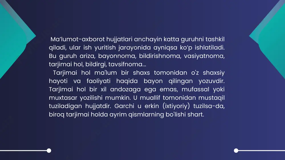 ng nomi. ishonchnoma tartib raqami va berilgan vaqti (sanasi). ishonchnoma berilayotgan (ishonchnoma bildirilayotgan) shaxsning lavozimi va to'liq nomi (ismi, ota ismi, familiyasi). qimmatli buyumlar olinadigan (beradigan) muassasaning nomi. ishonchnomaning berilish sababi. ishonchnomaning amal qilish muddati. ishonchnoma berilayotgan shaxs imzosining namunasi. moddiy-buyum boyliklarini oluvchining shaxsiyatini tasdiqlovchi hujjatning nomi (pasport, guvohnoma). tilxat pul, hujjat, qimmatbaho buyumlar yoxud boshqa biror narsa olinganligini tasdiqlovchi rasmiy yozma hujjatdir. tilxat bir nusxada tayyorlanadi hamda pulli va qimmatbaho hujjat sifatida saqlanadi. a)matn : tilxat beruvchi shaxsning lavozimi, ismi va otasining ismi, familiyasi. b)pul, hujjat, buyum yoki boshqa biror narsani beruvchi shaxsning lavozimi, ismi va otasining ismi, familiyasi (zaruriyat bo'lganda muassasa nomi); v) pul, hujjat, buyum yoki boshqa biror narsaning nomi va ularning miqdori (zaruriyat bo'lganda bahosi) ; g) olinayotgan buyumning texnik holati (agar u mashina, apparatlar va sh.k. bo'lsa). tilxatning asosiy zaruriy qismlari : dalolatnomaning zaruriy qismlari va uni tuzuvchi shaxslar. dalolatnoma muassasa yoki ayrim shaxslar faoliyati …