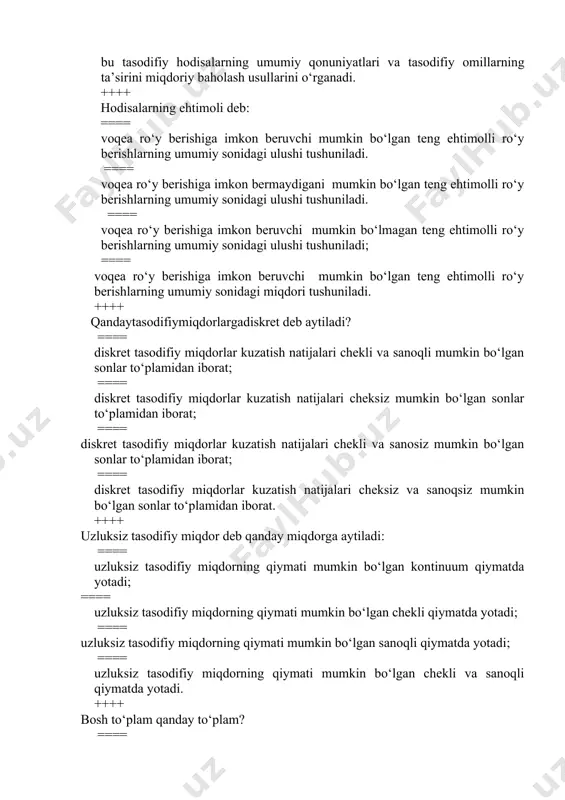 arningbarchasiniyokifaqatbizniqiziqtirayotganqisminitushunamiz. ++++ tanlama to‘plamdegandaqandayto‘plamtushuniladi? ==== # bosh to‘plamningbirqisminitashkiletuvchikuzatishlaryig’indisi; ==== bosh to‘plamningko‘pqisminitashkiletuvchikuzatishlaryig’indisi; ==== k o‘pto‘plamningbirqisminitashkiletuvchikuzatishlaryig’indisi; ==== bosh to‘plamningkattaqisminitashkiletuvchiyig’indi. ++++ тanlama kovariatsiya nima? ==== ikki o’zgaruvchi o’rtasidagi bog’lanishning o’lchami hisoblanadi; ==== ikki o’zgaruvchi o’rtasidagi funksiyaning o’lchami hisoblanadi.; ==== ikki o’zgaruvchi o’rtasidagi bog’lanishning hosilasi hisoblanadi. ==== ikki o’zgaruvchi o’rtasidagi o’lcham tushuniladi. ++++ тanlama dispersiya nima? ==== # tanlamadispersiyatanlamadagio’rtachakvadratikchetlanishdekaniqlanadi; ==== tanlamadispersiyatanlamadagikvadratikchetlanishdekaniqlanadi ==== tanlamadispersiyao’rtachakvadratiko‘zgaruvchidekaniqlanadi. ==== ikki o’zgaruvchi o’rtasidagi o’lcham tushuniladi. ++++ kovariatsiyata’rifidanbevositakelibchiqadiganmuhimqoidalarnitanlang. ==== # barcha javobdagi qoidalar. ==== agar bo‘lsa, u holda ==== agar bo‘lsa, u holda bo‘ladi, buyerda a- o‘zgarmas. ==== agar bo‘lsa, u holda bo‘ladi, bu yerda a- o‘zgarmas. ++++ qanday bog‘lanishgakorrelyasiyabog‘lanishideb aytiladi? ==== agar omilo‘zgaruvchining har bir qiymatiga natijaviy o‘zgaruvchining ko‘plab qiymatlari, ya’ni muayyan statistic taqsimot mos kelsa; ==== agar omilning har bir qiymatiga natijaviy omilning muayyan tasodifiy qiymati moskelsa; ==== agar omilning har bir qiymatiga natijaviy omil qiymatlarining butun birtaqsimotimoskelsa; ==== agaro‘zgaruvchiningharbirqiymatiganatijaviyo‘zgaruvchiningbelgilanganqiymatimoskelsa. ++++ tahliliy ifodaga ko‘ra bog‘lanish qanday turlarga bo‘linadi? ==== …