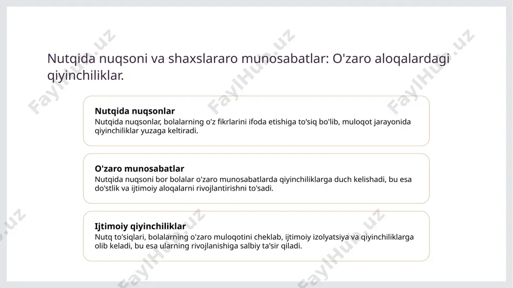 nada kuchaytiradi va mustahkamlaydi. o'zbekistonda nutqida nuqsoni bor bolalarning muloqotdagi madaniy to'siqlari. 01 o'zbek madaniyati o'zbekistondagi madaniyat nutqida nuqsoni bor bolalar uchun barqaror ijtimoiy aloqalarni rivojlantirishda muhim rol o'ynaydi. madaniy normalar va an'analar muloqotni murakkablashtirishi mumkin. 02 oila va jamiyat oila va jamiyat, nutqida nuqsoni bor bolalarning muloqotida madaniy to'siqlarni kuchaytiradi. bu bolalarning o'zaro aloqalarini cheklab, ijtimoiy izolyatsiyaga olib kelishi mumkin. 03 ta'lim tizimi o'zbekistondagi ta'lim tizimi, nutqida nuqsoni bor bolalar uchun munosib moslashuvlar va resurslar taqdim etmasligi mumkin. bu, ularning shaxsiy va ijtimoiy rivojlanishiga to'sqinlik qiladi. shaxslararo munosabatlarga ta'sir etuvchi ijtimoiy omillar va madaniyat. ijtimoiy omillar madaniyat ta'siri ta'lim va rivojlanish bolalarning shaxslararo munosabatlariga ijtimoiy omillar kuchli ta'sir qiladi. masalan, do'stlik va oila muhiti muhim rol o'ynaydi. o'zbek madaniyati bolalar o'rtasidagi muloqotni shakllantiradi. madaniyatning o'ziga xosligi muloqot uslubiga va munosabatlarga ta'sir ko'rsatadi. ta'lim muassasalari bolalararo munosabatlarni rivojlantirishda muhim ahamiyatga ega. o'qituvchilar va do'stlar muloqot ko'nikmalarini oshiradi. o'zbek madaniyatida nutq …