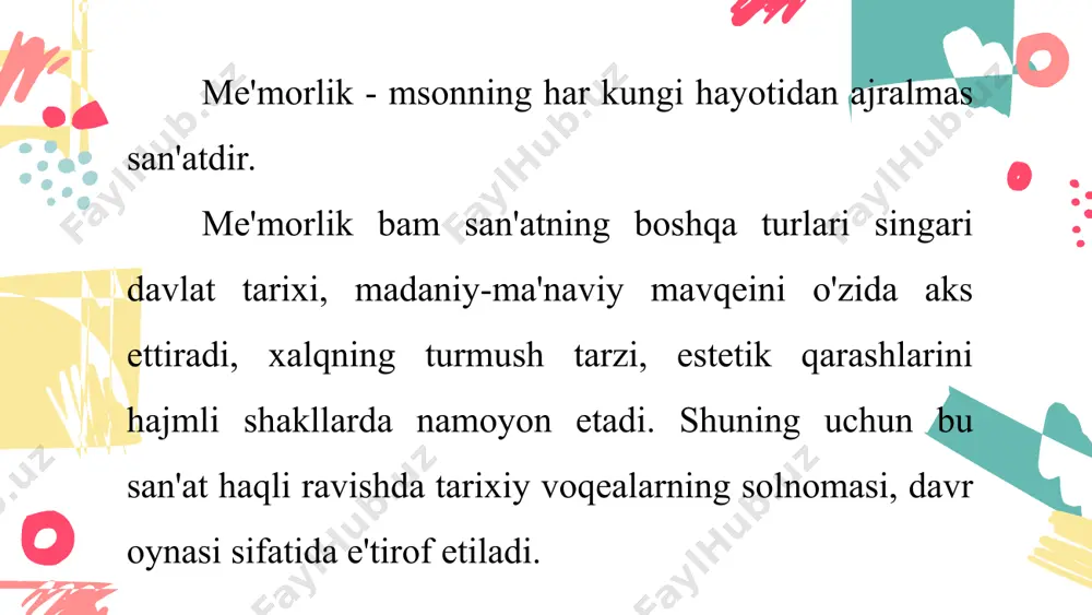 aga keldi. shahar hayoti rabotga ko'chdi. shu yerda gavjum bozorlar paydo bo'ldi. savdo qatorlari yaqinida esa hunarmandlar jamoalari shakllana bordi. shaharda va undan tashqarida jamoat va turarjoylar ko'plab qurildi. bu qurilishlarda asta-sekin islom dini bilan bog'liq me'morlik shahar qiyofasini belgilashda muhim o'rin egallay boshladi. masjid qurilishi boshqa dinlar bilan bog'liq diniy binolar qurilishiga chek qo'ya boshladi. shu davrda masjid tiplari yuzaga kelib, juma masjid va guzar masjidi hamda shahardan chekkada namozgohlar barpo etildi. namozgohga chiqish uchun minora ishlanishi ham shu davr mahsulidir. o'quv dargohlari - madrasalar qurilishi ham jonlana boshladi. xonaqohlar alohida masjid-madrasalarda, ularning yaqinida qurilgan. shunday xonaqohlar samarqand, buxoroda ko'plab uchraydi. savdo chorrahalarida chorsu savdo gumbazlari, shahar darvozalari oldida karvonsaroylar hamda shahar va undan tashqarida maqbaralar qurilishi shu davr me'morligining o'ziga xos yangi yo'nalishlari mahsuli edi. ayniqsa, maqbaralar qurilishida bezak san'ati yutuqlari o'z ifodasini topdi. uchli toqilar ham me'morlik san'ati o'zgarishlarini belgiladi. minora qurilishi ham odat tusiga kirib kela …