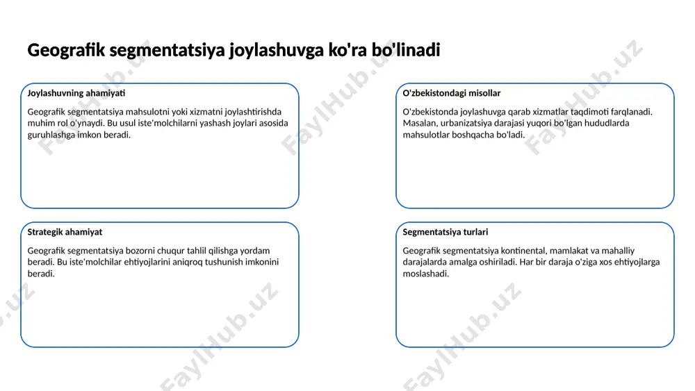 ng kampaniyalarini samarali qiladi marketing moslashuvchanligi xaridor turlarini aniqlash marketing kampaniyalarini tizimlashtirishga yordam beradi. bu esa alohida strategiyalar ishlab chiqishni osonlashtiradi. xaridor turlarining aniqlanishi marketing kampaniyalarini samarali qiladi 10 bozor segmentatsiyasi raqobatni o'rganishga yordam beradi bozor segmentatsiyasi tushunchasi bozor segmentatsiyasi iste'molchilarni umumiy xususiyatlariga ko'ra birlashtirishni anglatadi. bu jarayon mahsulot va xizmatlarni maqsadli auditoriyaga moslashtirishga yordam beradi. bozor segmentatsiyasi raqobatni o'rganishga yordam beradi raqobatni o'rganish asoslari segmentatsiya orqali raqobatchilarning kuchli va kuchsiz tomonlari aniqlanadi. bu iste'molchilarning talablarini yaxshiroq tushunishga imkon beradi. bozor segmentatsiyasi raqobatni o'rganishga yordam beradi segmentlar va ularning roli har bir bozor segmenti o'ziga xos xususiyatlarga ega bo'lib, ular raqobat strategiyalarini belgilashda muhim rol o'ynaydi. bu, kompaniyalarga o'z takliflarini optimallashtirishga yordam beradi. bozor segmentatsiyasi raqobatni o'rganishga yordam beradi natija va ahamiyati bozor segmentatsiyasi raqobatni o'rganishda eng muhim vositalardan biridir. bu orqali kompaniyalar o'z pozitsiyalarini kuchaytirish imkoniyatiga ega bo'ladi. 11 xaridorlarning ehtiyojlari va istaklarini tushunish muhimdir ehtiyojlarni aniqlash xaridorlarning ehtiyojlarini …