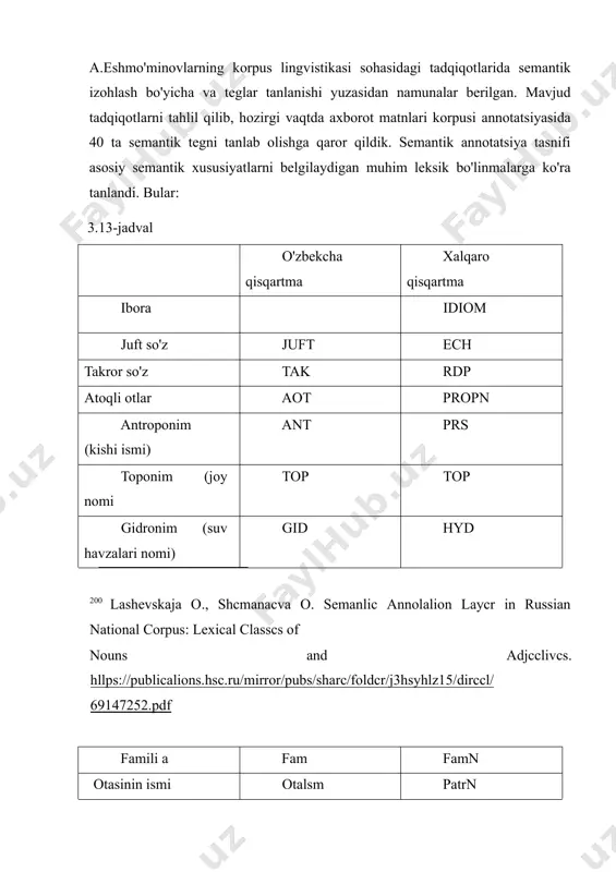 rilgan ta'riflar asosida qo'lda tasniflanadi. lekin shuni ta'kidlashimiz kerakki, o'zbek tilida semantik maydonni aniqlashga ko'maklashuvchi, barcha matn turlarida foydalanadigan umumiy maqsadli lug'at hali mavjud emas. mavjud bilimlar va turli lug'atlar yordamida mazkur amalni to'g'ri bajarishga harakat qildik. hozircha o'zbek tilida semantik avtomatik teglovchi dasturlar yaratilishi jarayoni endi boshlangani sababli, dasturda semantik annotatsiya qo'l mehnati orqali amalga oshirildi. lekin korpus kengaygani sari semantik izohlangan har bir birlik keyingi matnlarda uchrashi davomida avtomatik belgilanadi. yuqorida ta'kidlaganimizdek, sh.hamroyeva, d.ahmedova va a.eshmo'minovlarning korpus lingvistikasi sohasidagi tadqiqotlarida semantik izohlash bo'yicha va teglar tanlanishi yuzasidan namunalar berilgan. mavjud tadqiqotlarni tahlil qilib, hozirgi vaqtda axborot matnlari korpusi annotatsiyasida 40 ta semantik tegni tanlab olishga qaror qildik. semantik annotatsiya tasnifi asosiy semantik xususiyatlarni belgilaydigan muhim leksik bo'linmalarga ko'ra tanlandi. bular: 3.13-jadval o'zbekcha qisqartma xalqaro qisqartma ibora idiom juft so'z juft ech takror so'z tak rdp atoqli otlar aot propn antroponim (kishi ismi) ant prs toponim (joy nomi top …